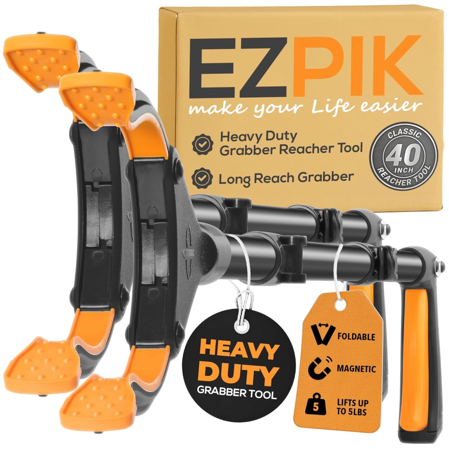 40" Folding Grabber Reacher Tool with Dual Magnets, 2 Pack