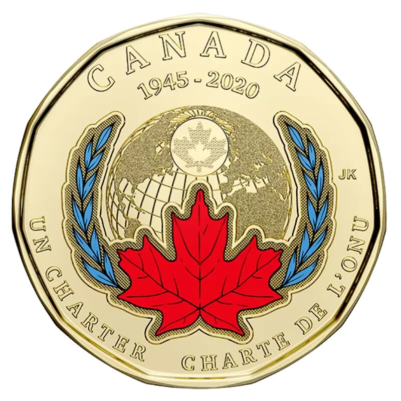 2020 Canada $1 Loonie 75th anniversary of UN Charter COLOURED  - from roll