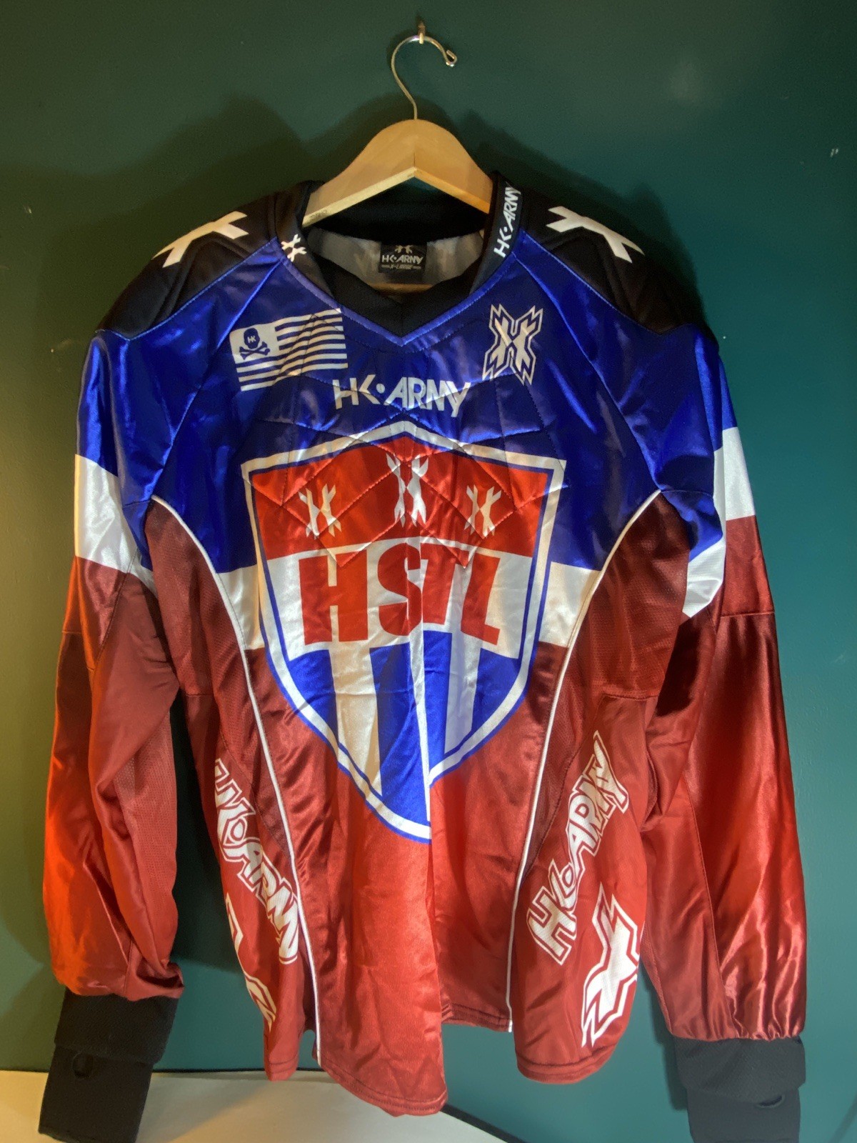 HK Army HSTL Paintball Jersey Long Sleeve Red White Blue T-Shirt Adult Size LRG
