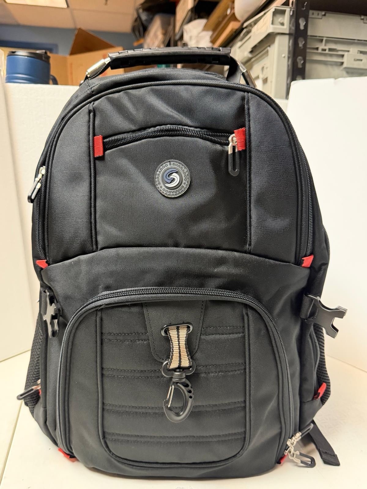 SHRRADOO Black Backpack , Padded Straps, 3 Pockets, USB Heavy Duty