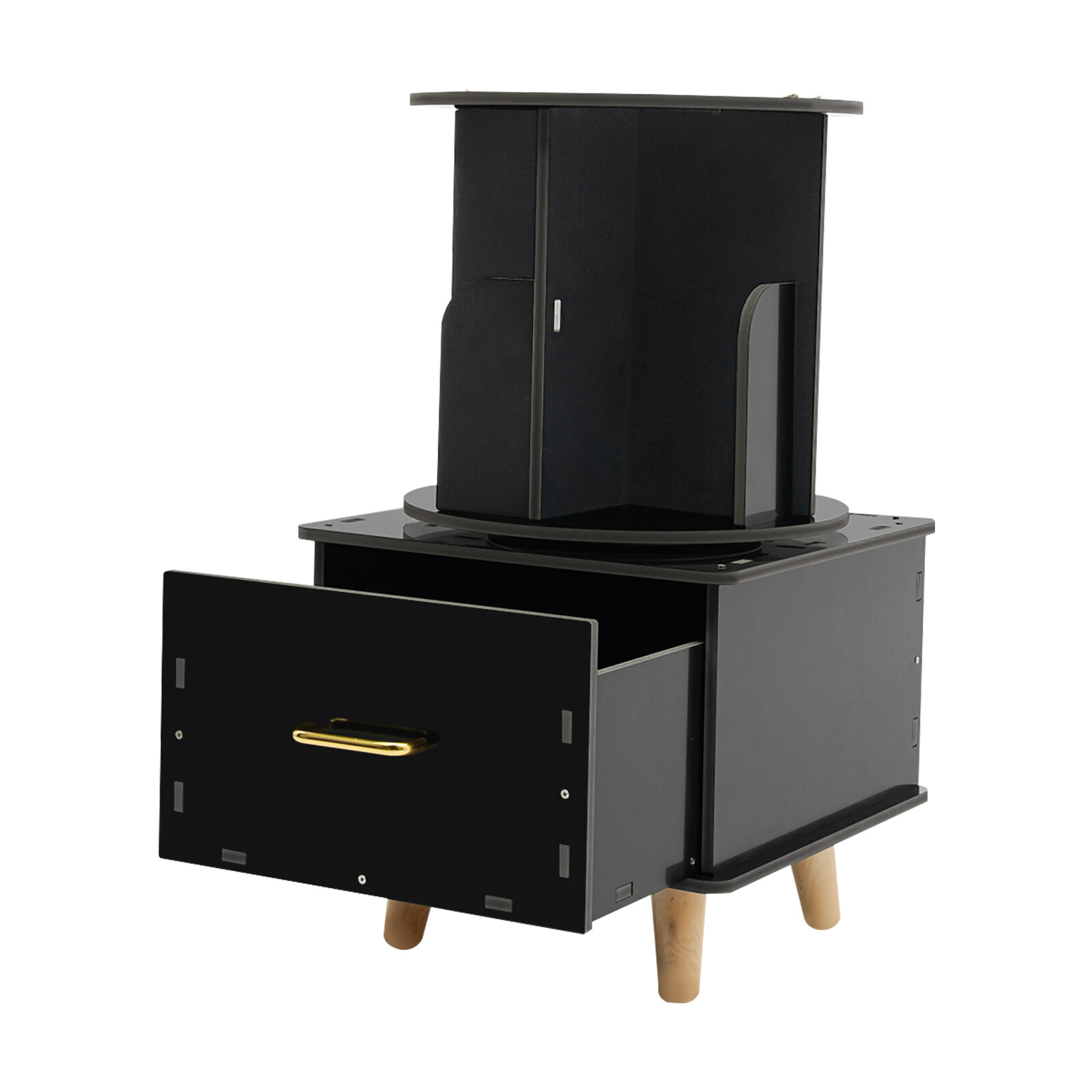 Modern Bedside Table with Drawer Corner High End Table Black Rotating Bookshelf