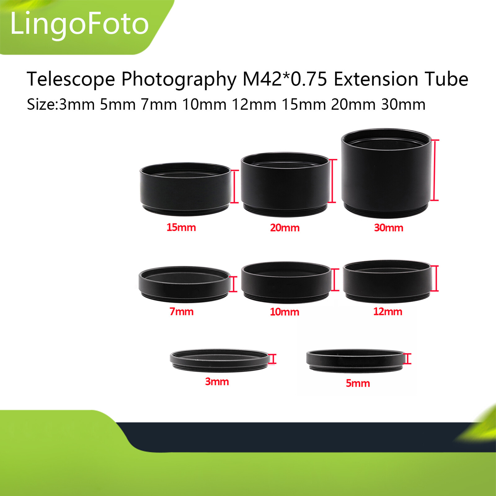 Metal Telescope Photography M42*0.75 Extension Tube 3/5/7/10/12/15/20/30mm Size