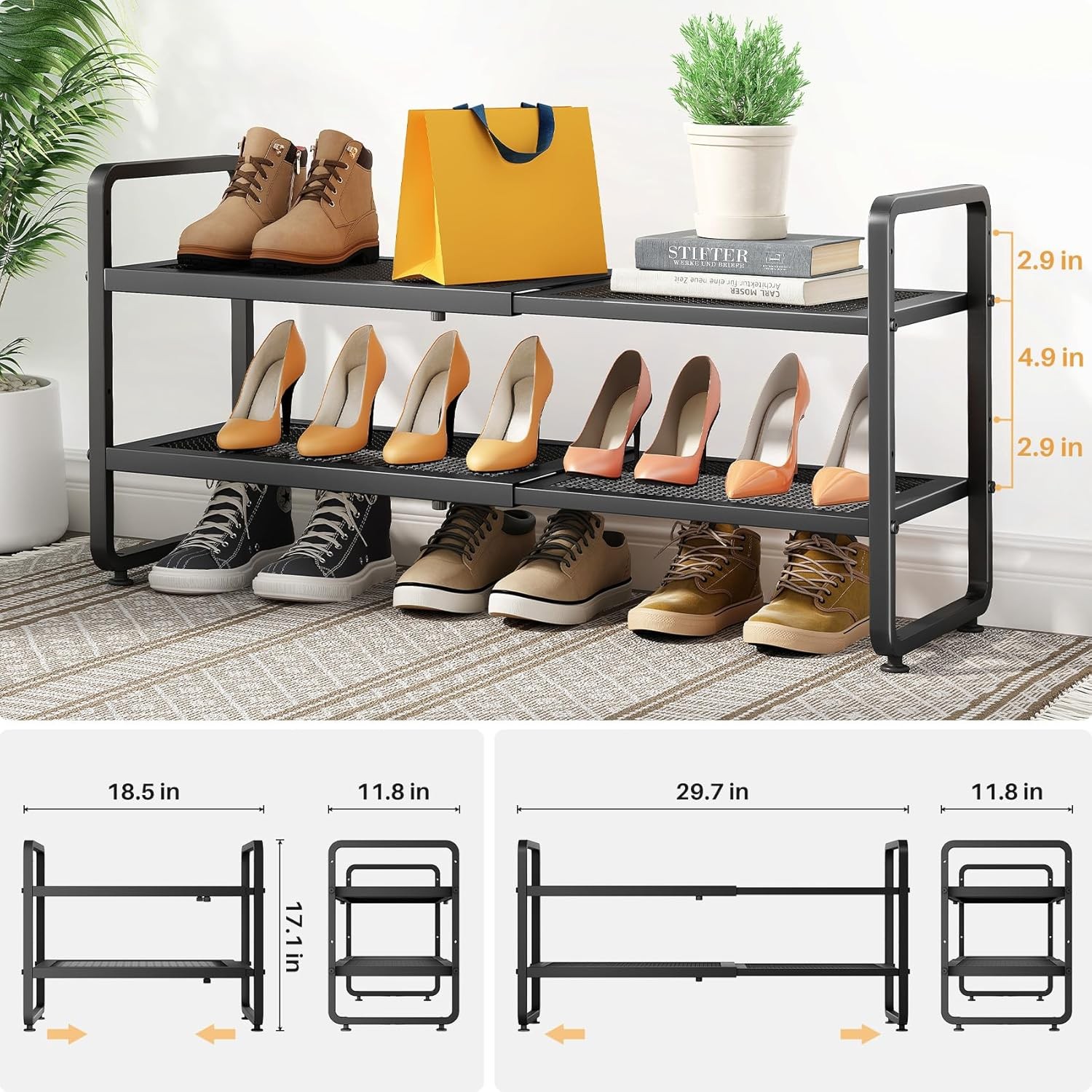 Adjustable 2 Tier Metal Shoe Shelf Black