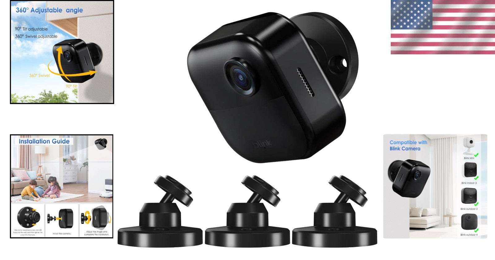 High-Quality 360° Adjustable Mount - 3 Pack for Blink Cameras, Easy Install