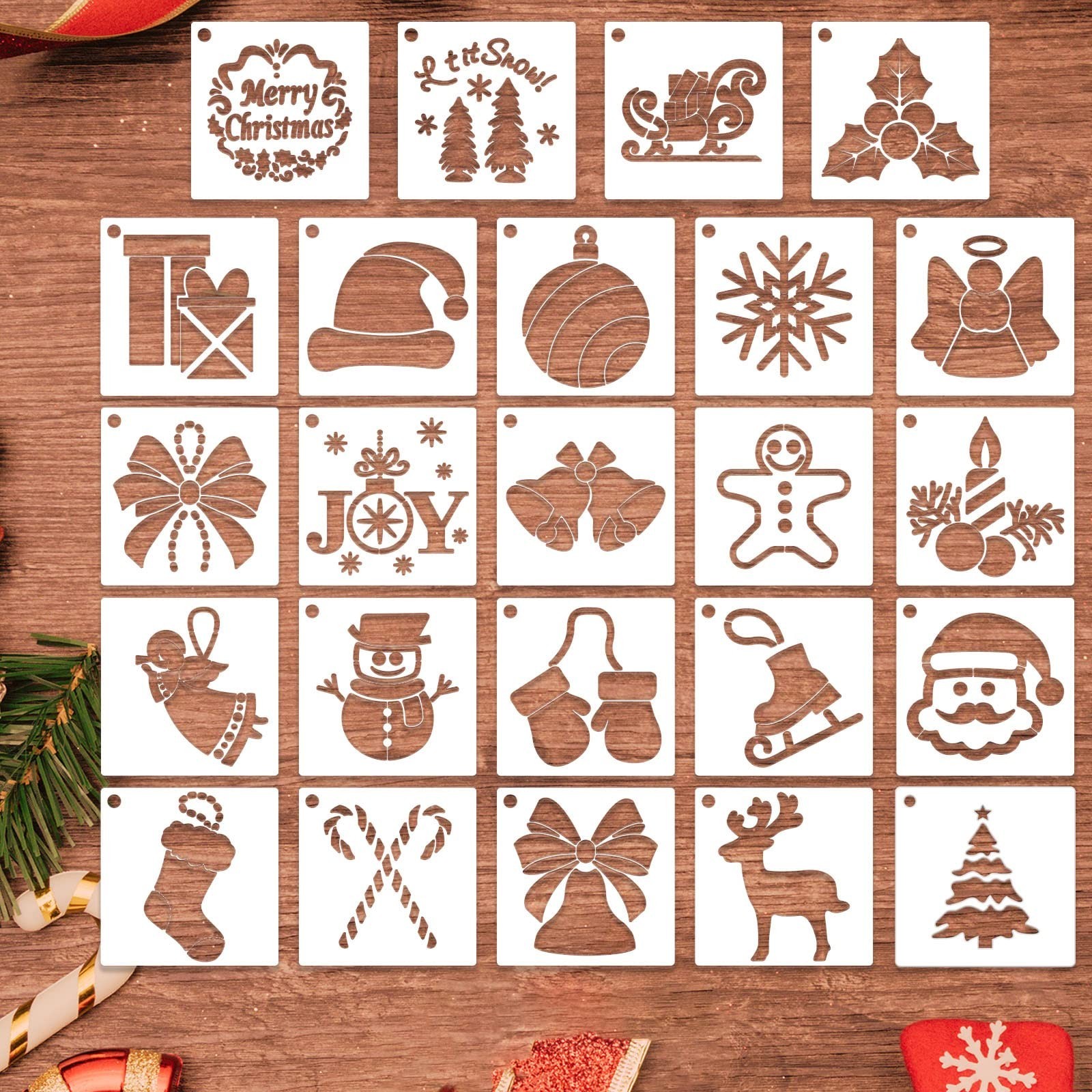 24 Pcs Christmas Stencils for Painting On Wood, Small Reusable Snowflake Sant...