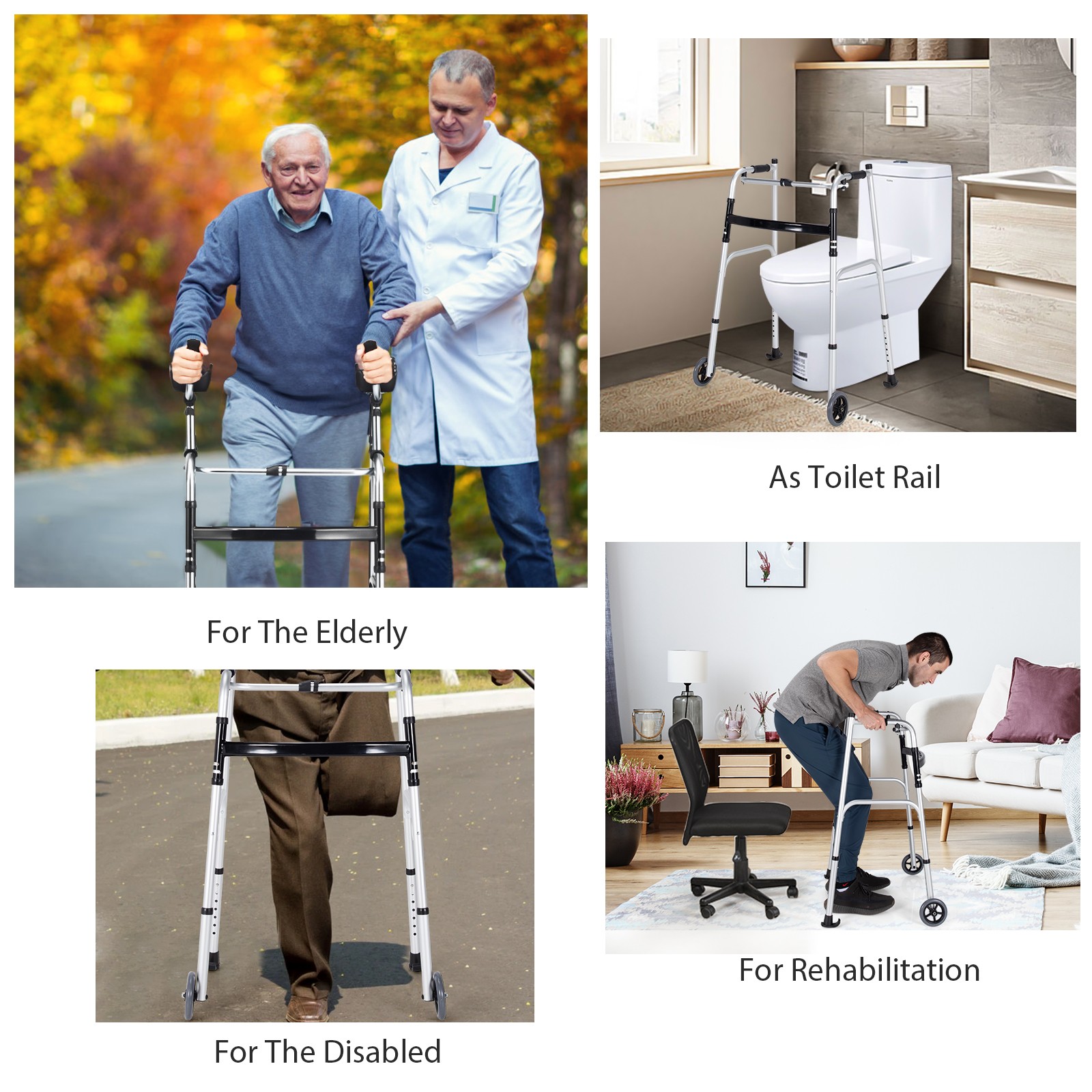 Folding Aluminum Alloy Wheel Walking Frame Adjustable Walker W/Armrest Support