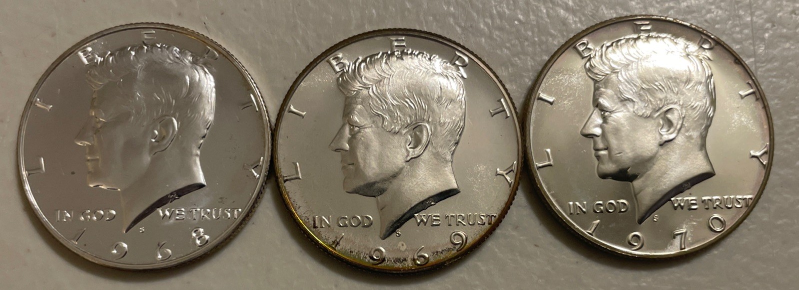 1968 S 1969 S 1970 S Kennedy Impaired Proof Half Dollar  3 Coin Set 40% Silver