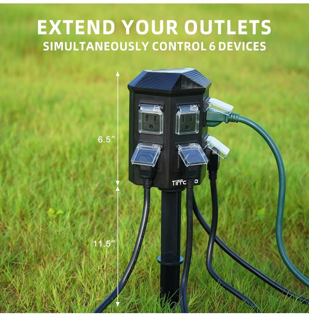 Tiffcofio Outdoor Light Sensor Power Stake Timer Waterproof 6Ft Cord 6 Outlets