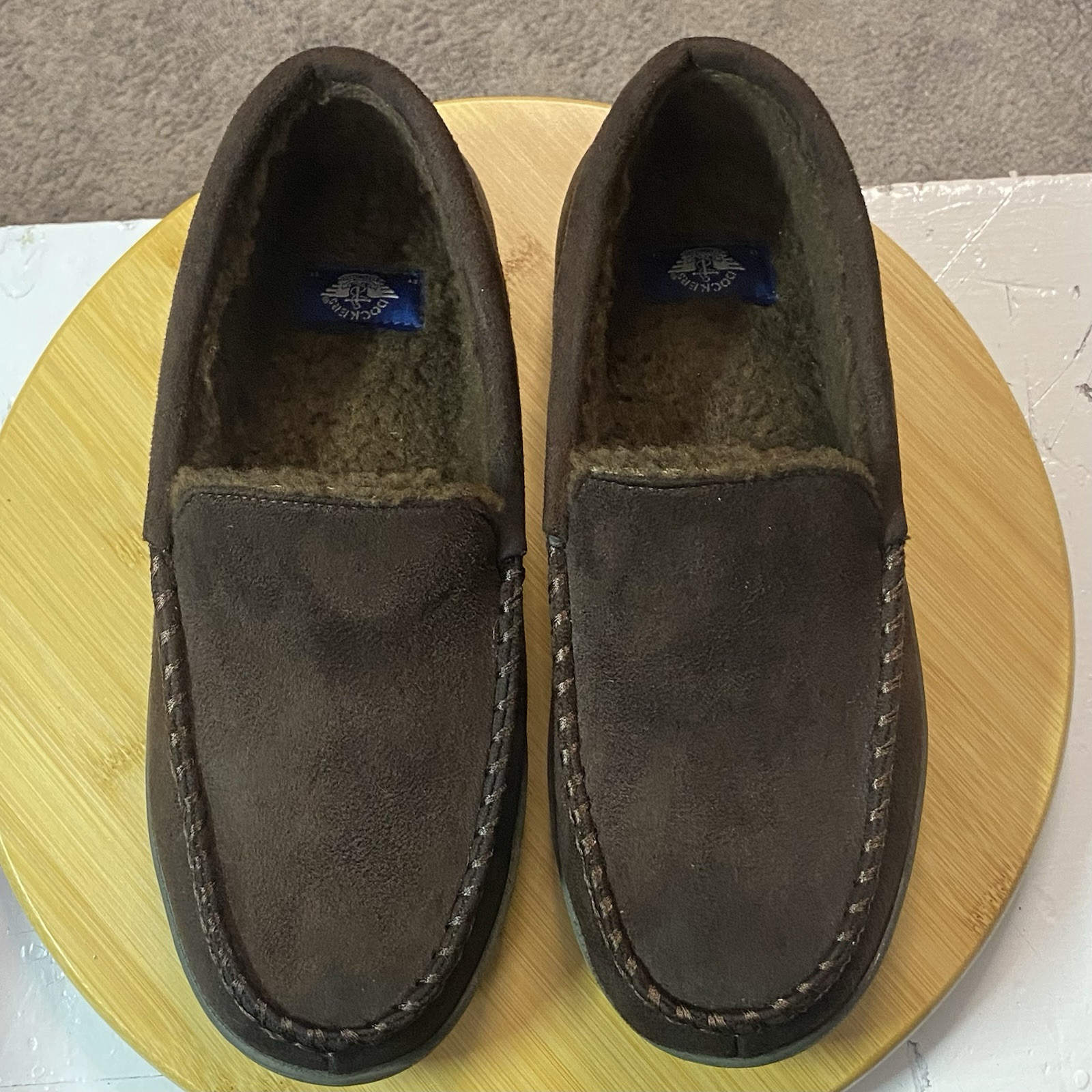Dockers Slipper Mens 7-8M Mocassin Brown Suede Lined Faux Fur Slip On Lightweigh