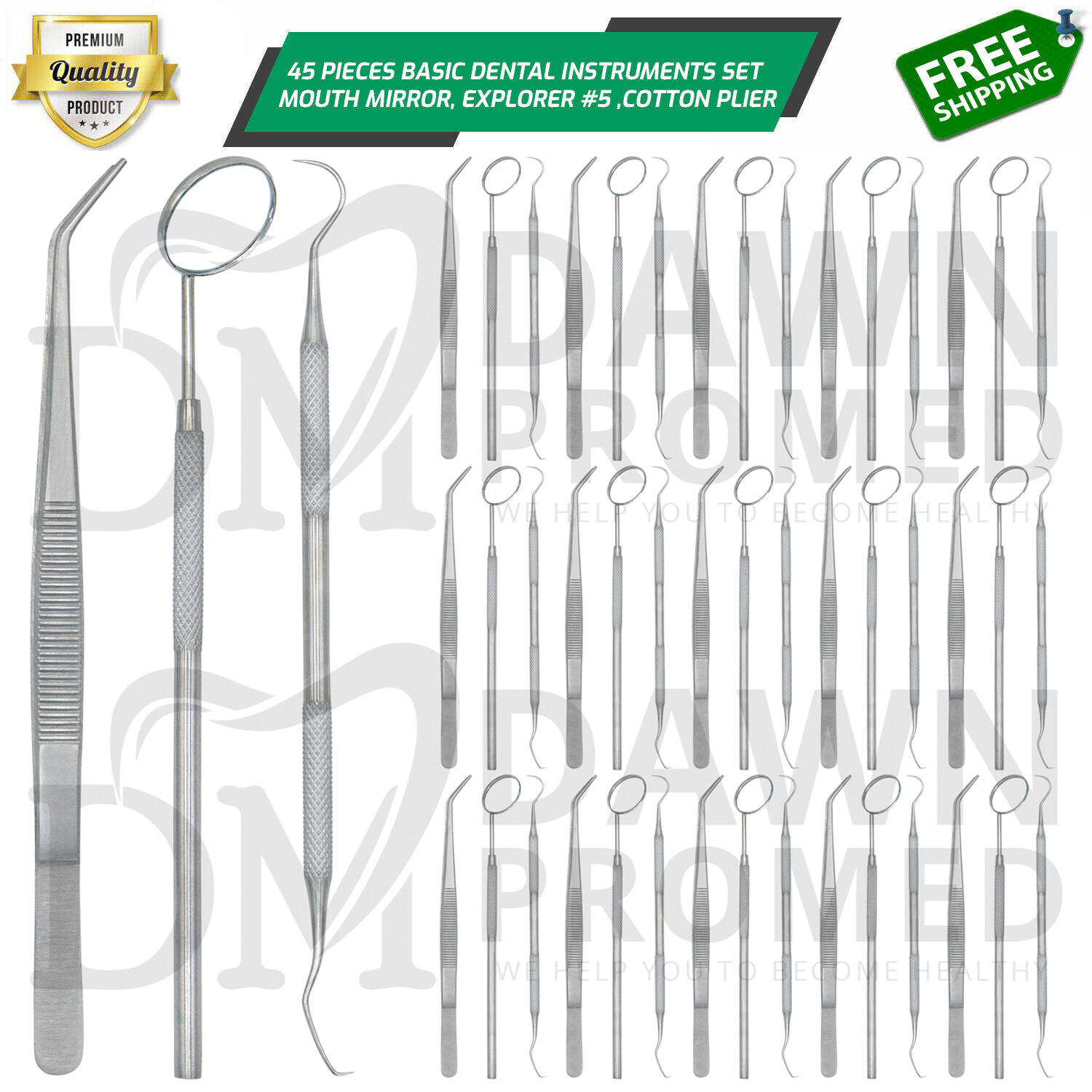 45 Basic Dental Instruments Set Tweezer Explorer Mirror plier German Grade