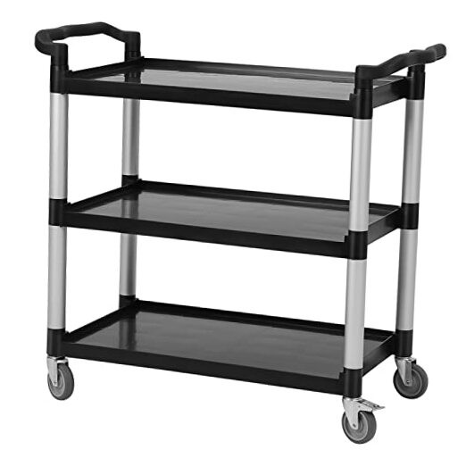 3-Tier Plastic Service Utility Cart with Wheels, Heavy Duty 3-Shelf Black