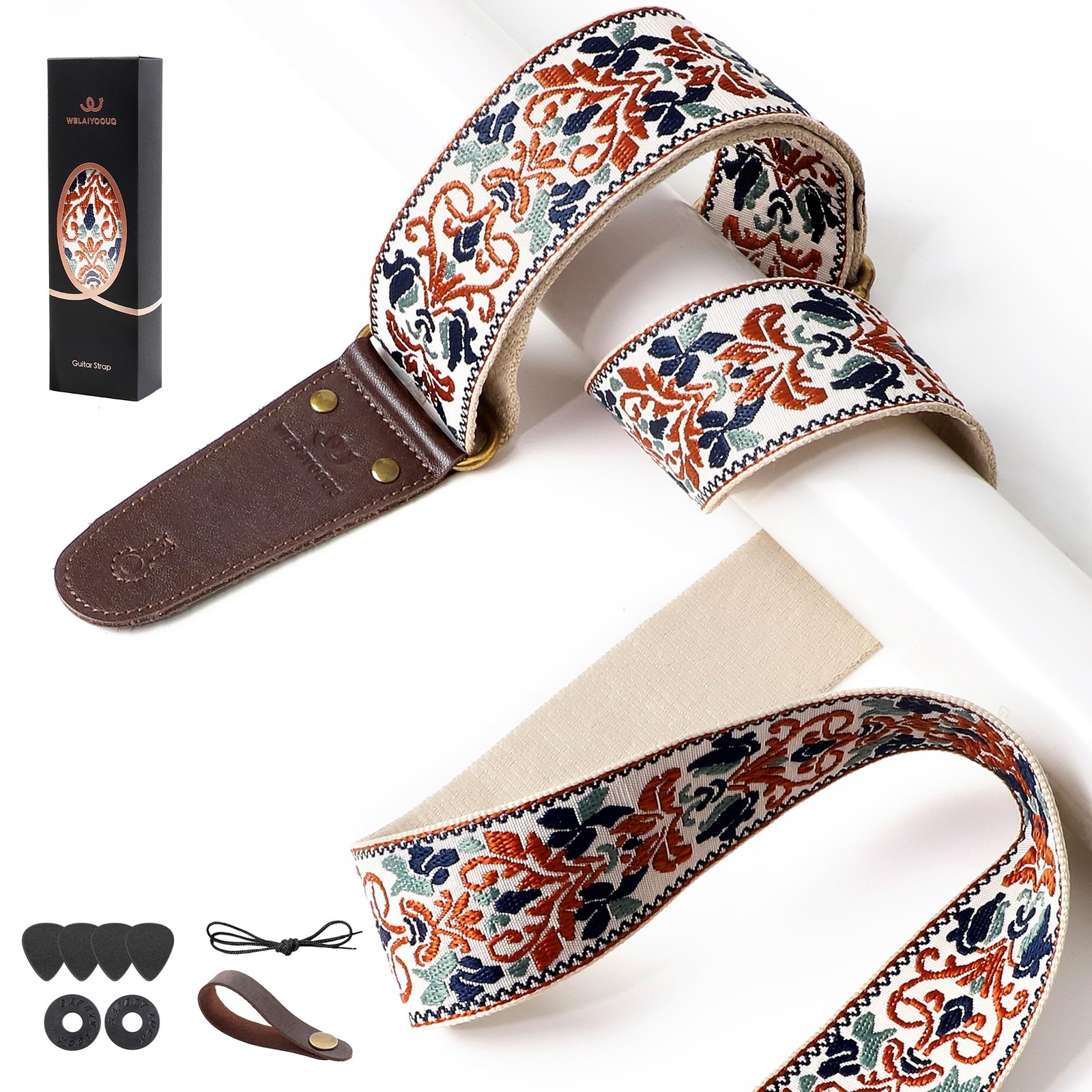 Guitar Strap, Jacquard Embroidered Cotton Guitar Straps with Double Sided Vegeta