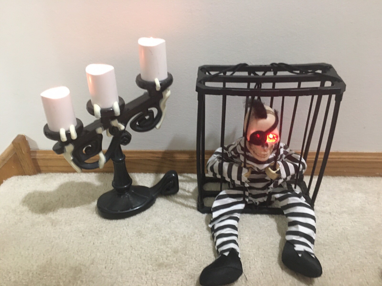 Lot of 2 Animated Hanging Skeleton in Cage Motion Activated & Candelabra Used