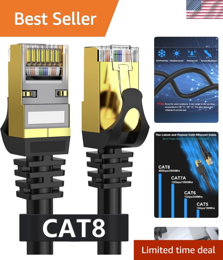 5FT Cat 8 Ethernet Cable - 40Gbps High-Speed Gold-Plated for Gaming and Strea...