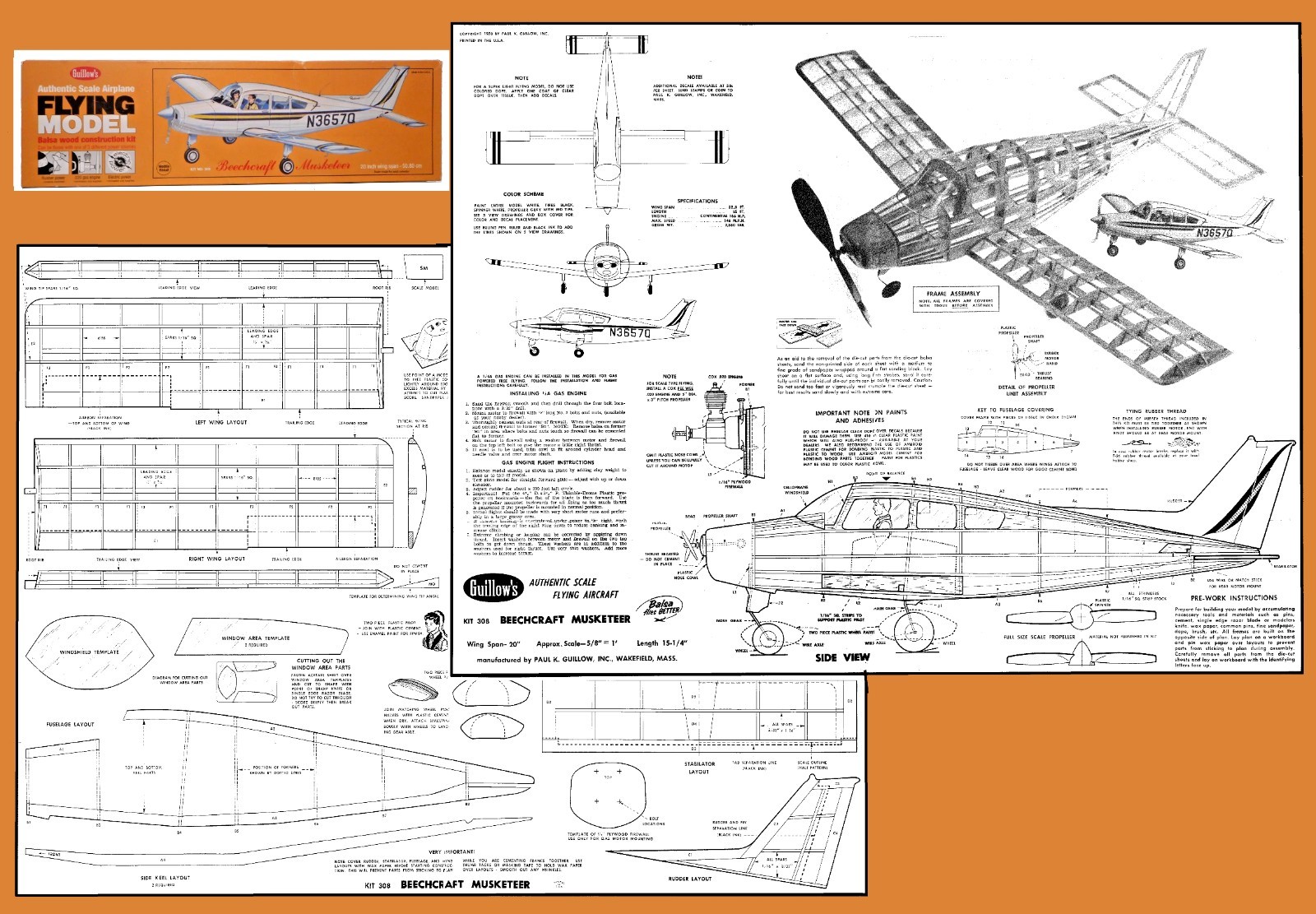 Guillows Model Airplane Plans (FF): Beechcraft Muskateer 20" Span 5/8" Scale