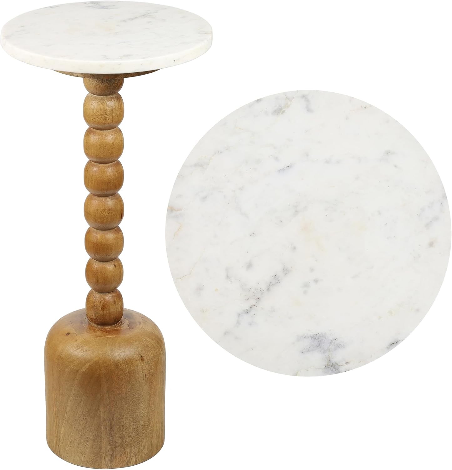Turner 24.5" Round Marble Mango Wood Drink Table Natural Bobbin Spool Column