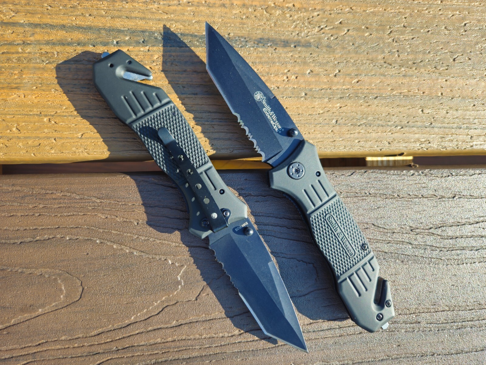 TWO Smith & Wesson EDC Knives with belt cutter and glass breaker.