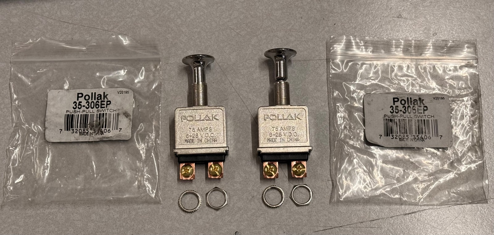 QTY 2 Pollak 75A Push Pull Switches w/ Chrome Knob 35-306EP
