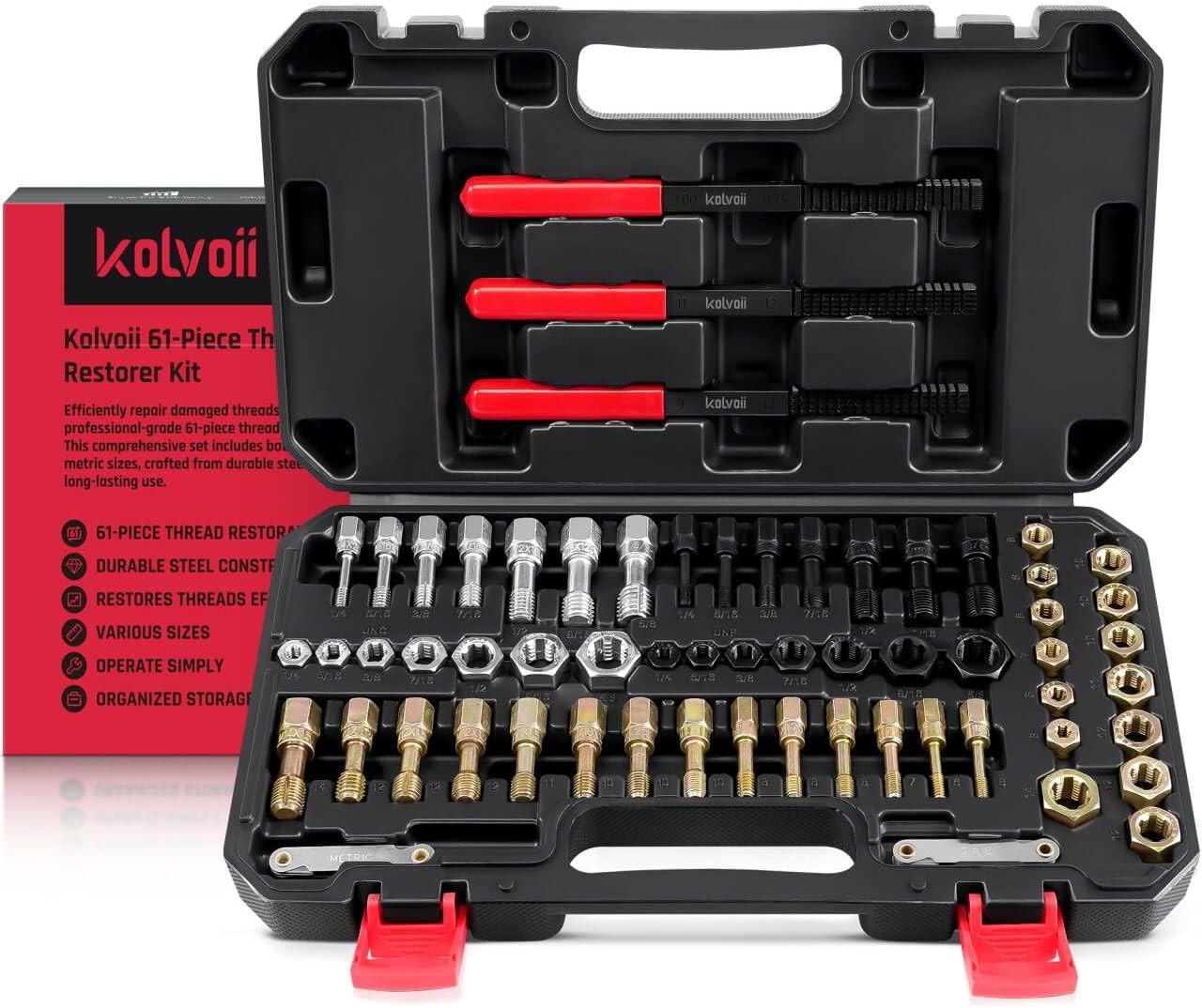 Kit Reparación Roscas 61Pcs SAE Métrico Machos Terrajas