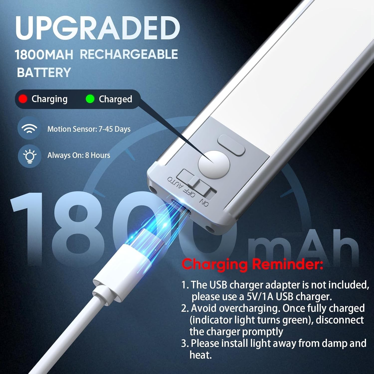 10inch Under Cabinet Lighting, 2 Pack Rechargeable Motion Sensor Light Indoor...