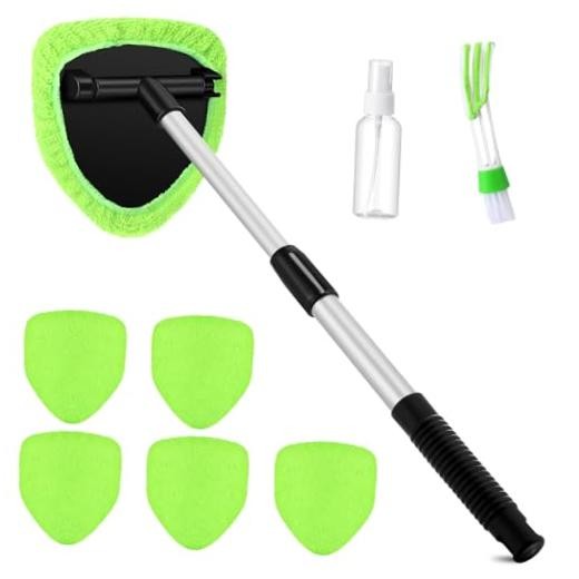 8 Pcs Car Windshield Cleaner Tool Kit with Extendable Handle, Microfiber Green