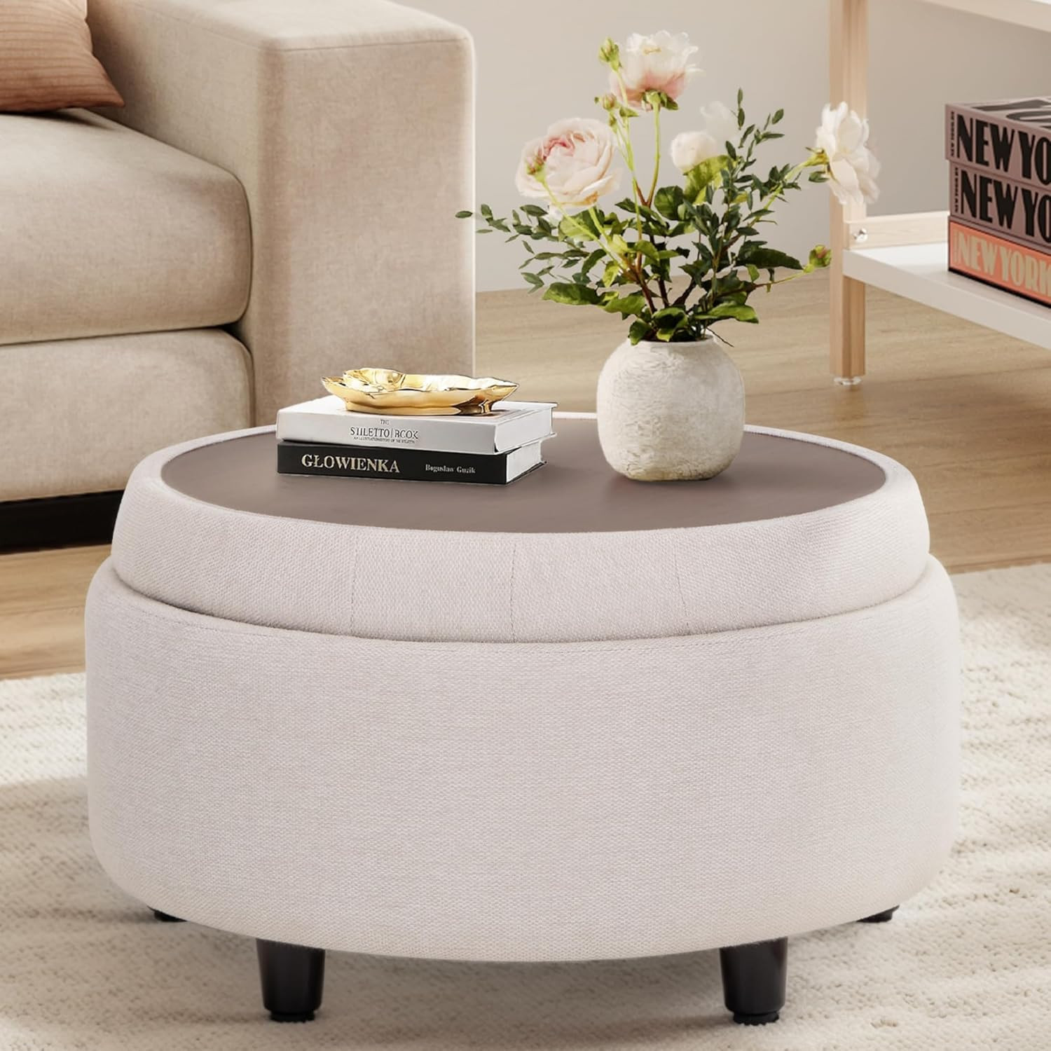 Fabric round Storage Ottoman with Reversible Tray Lid – Multi-Functional Footres
