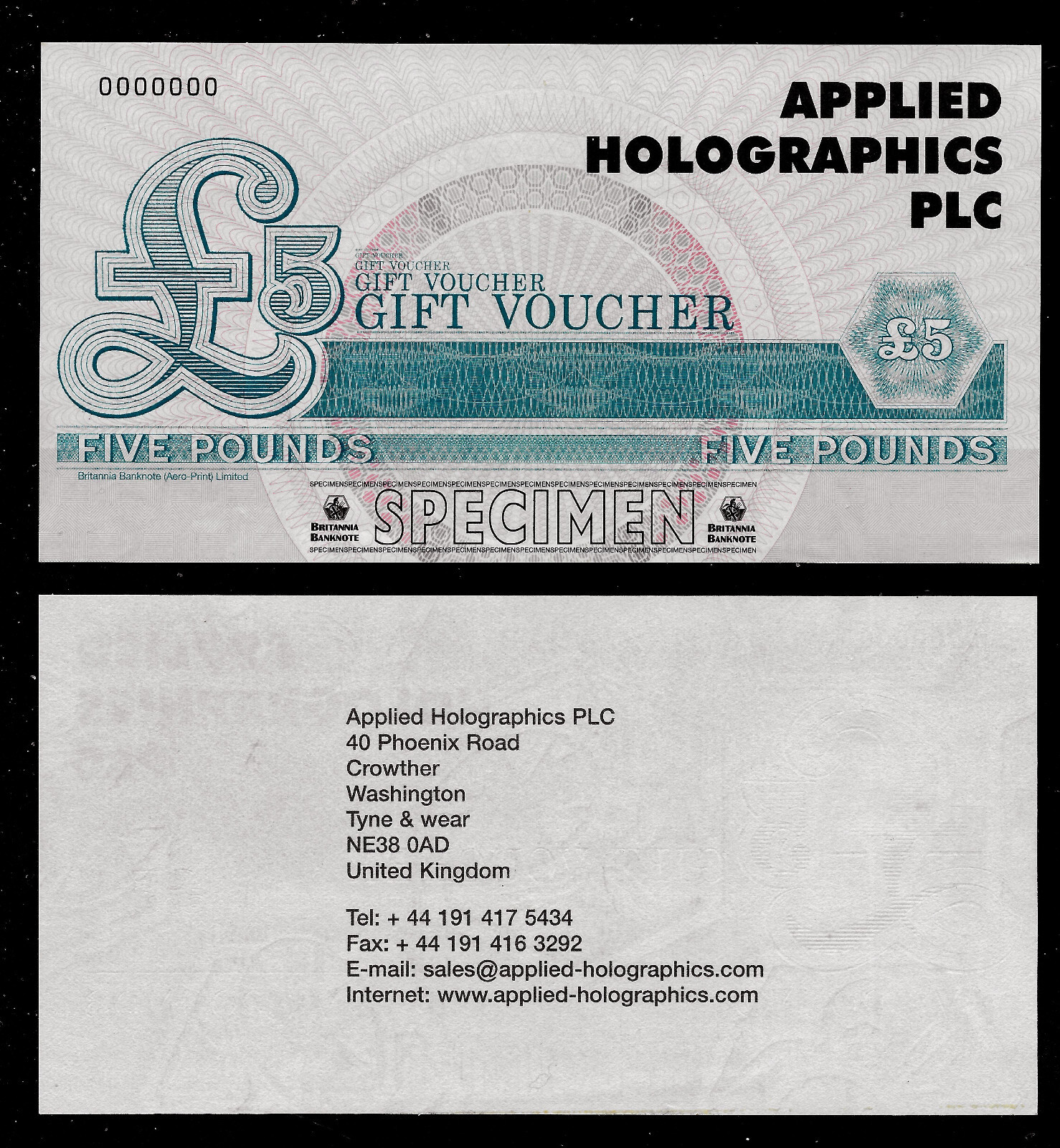 Rare Test Note, AOT-Applied Holographics, 5 Pds., INTAGLIO