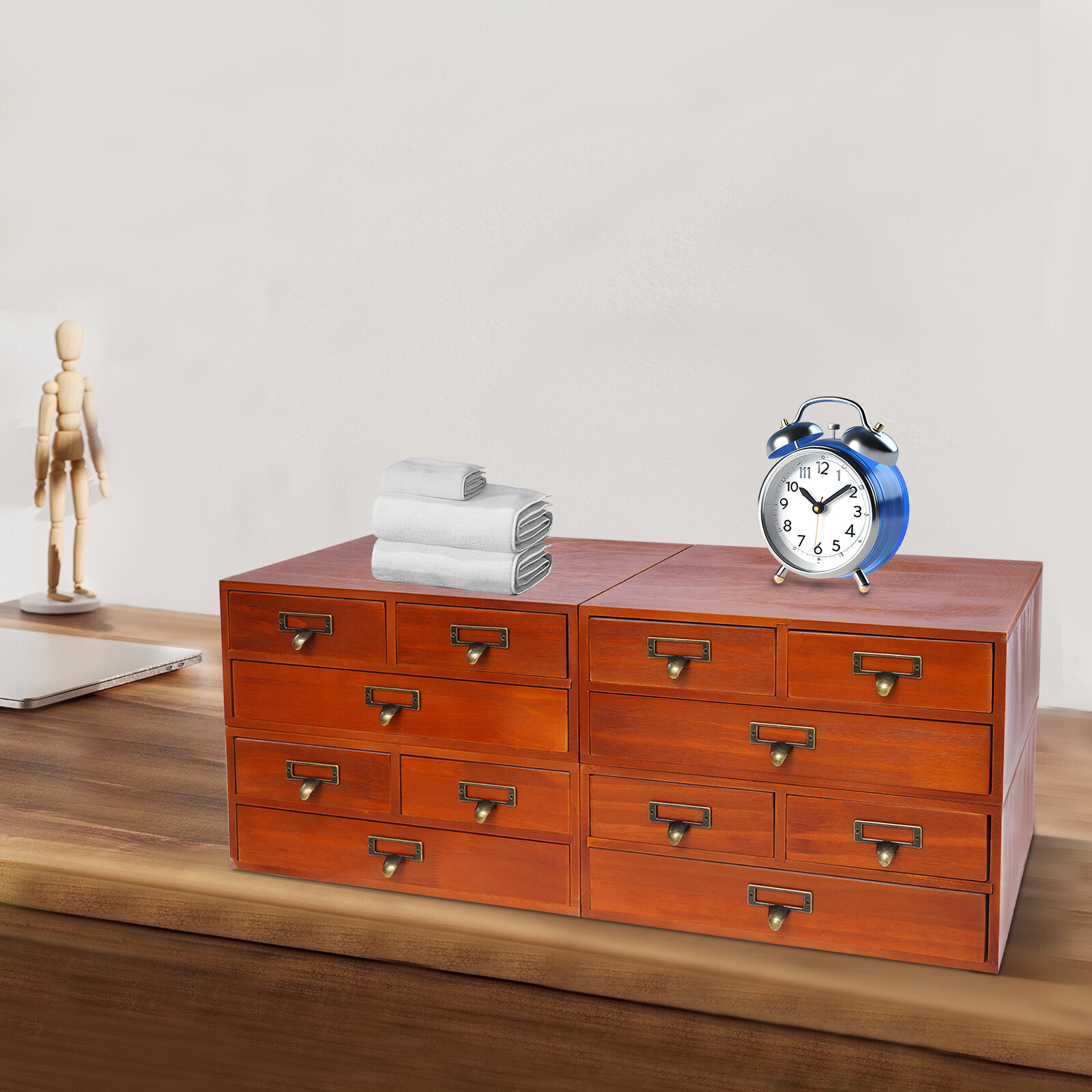 4pcs 3 Drawer Wooden Desktop Organizer Drawer Storage Box For Tabletop Brown