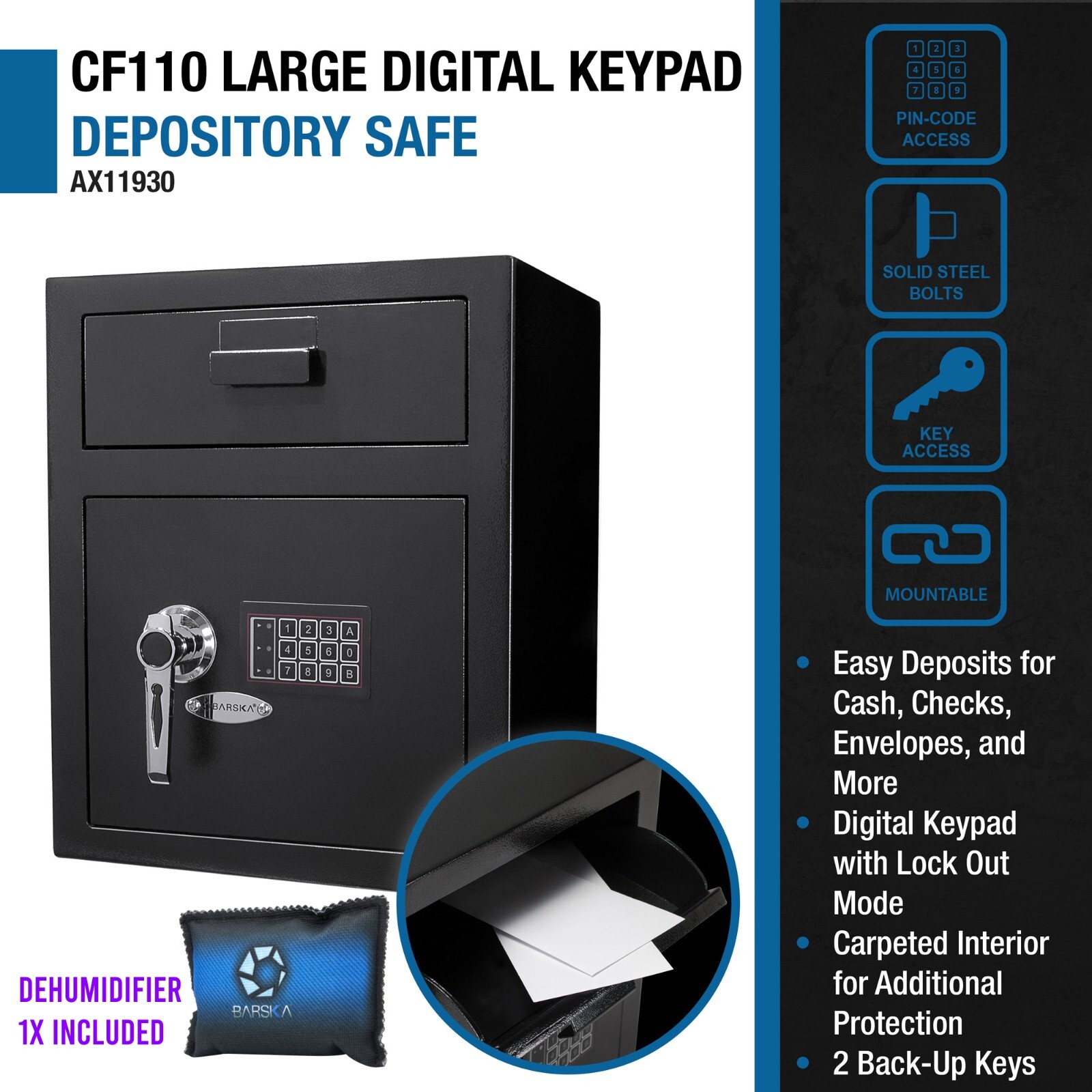 Barska Large Keypad Depository Safe Door Drop Slot + Back-up Keys + Dehumidifier
