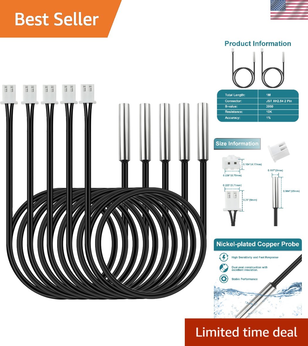 Flexible 1M Temperature Probes - 5PCS Nickel-Plated Copper, High Sensitivity