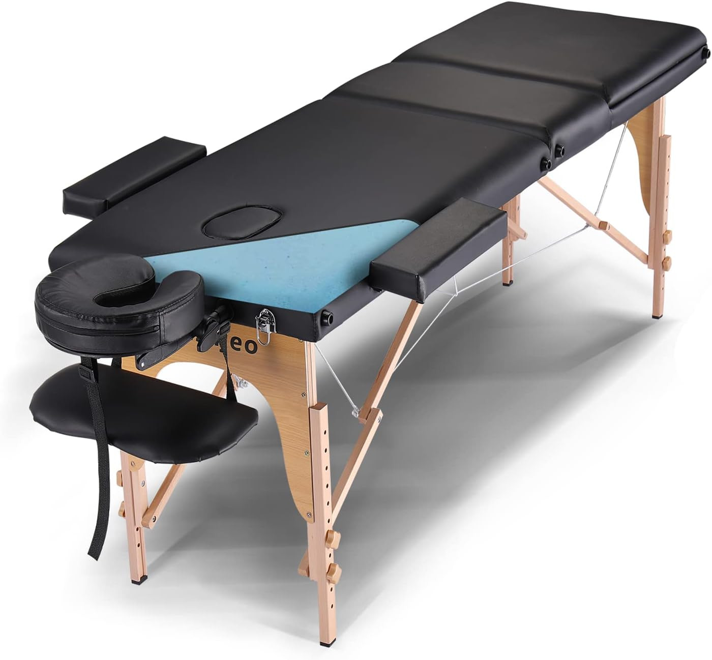 Portable 3-Section Massage Table with Adjustable Height & Accessories - Black
