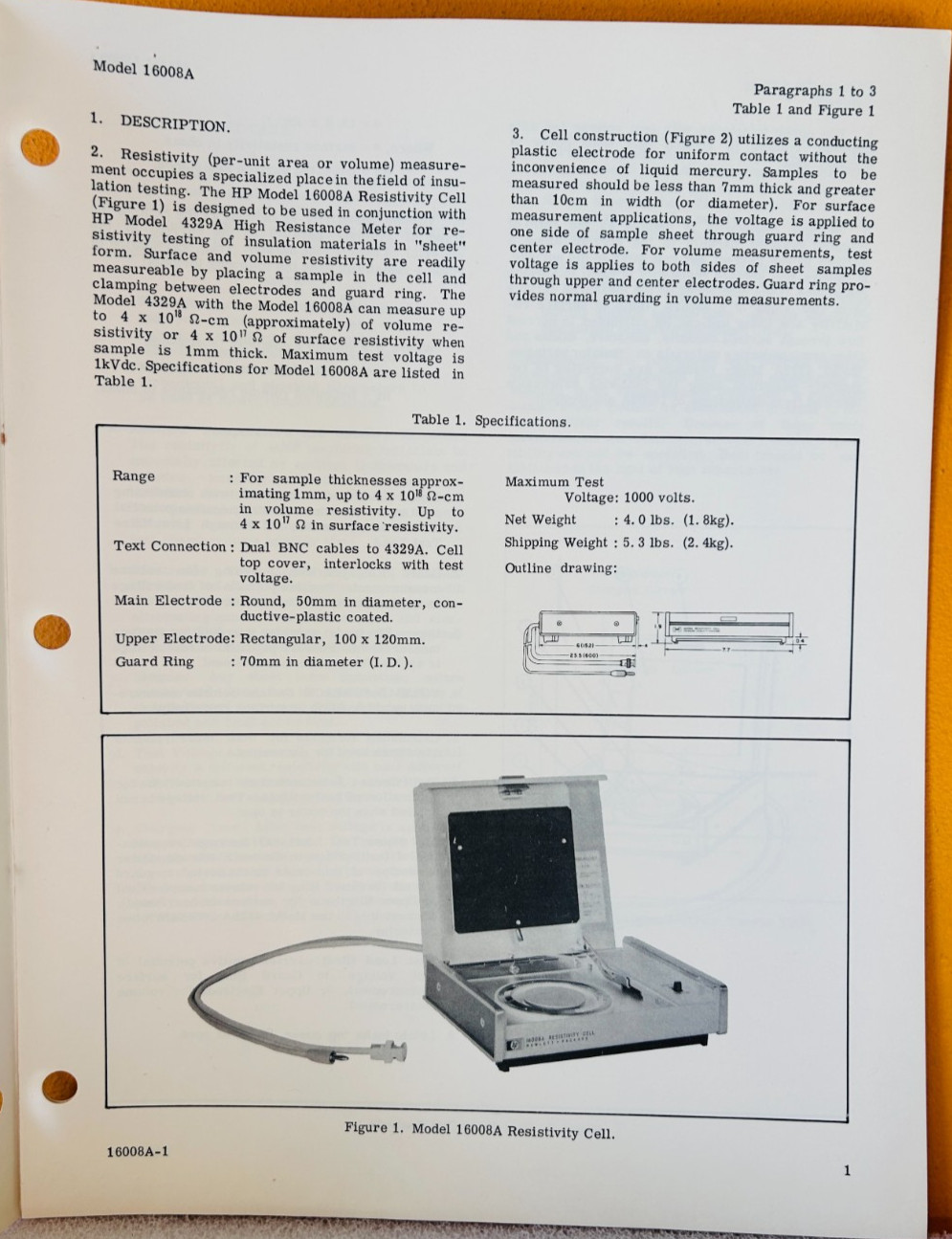 HP 16008-99000 1974 Model 16008A Resistivity Cell Operating Note Manual.