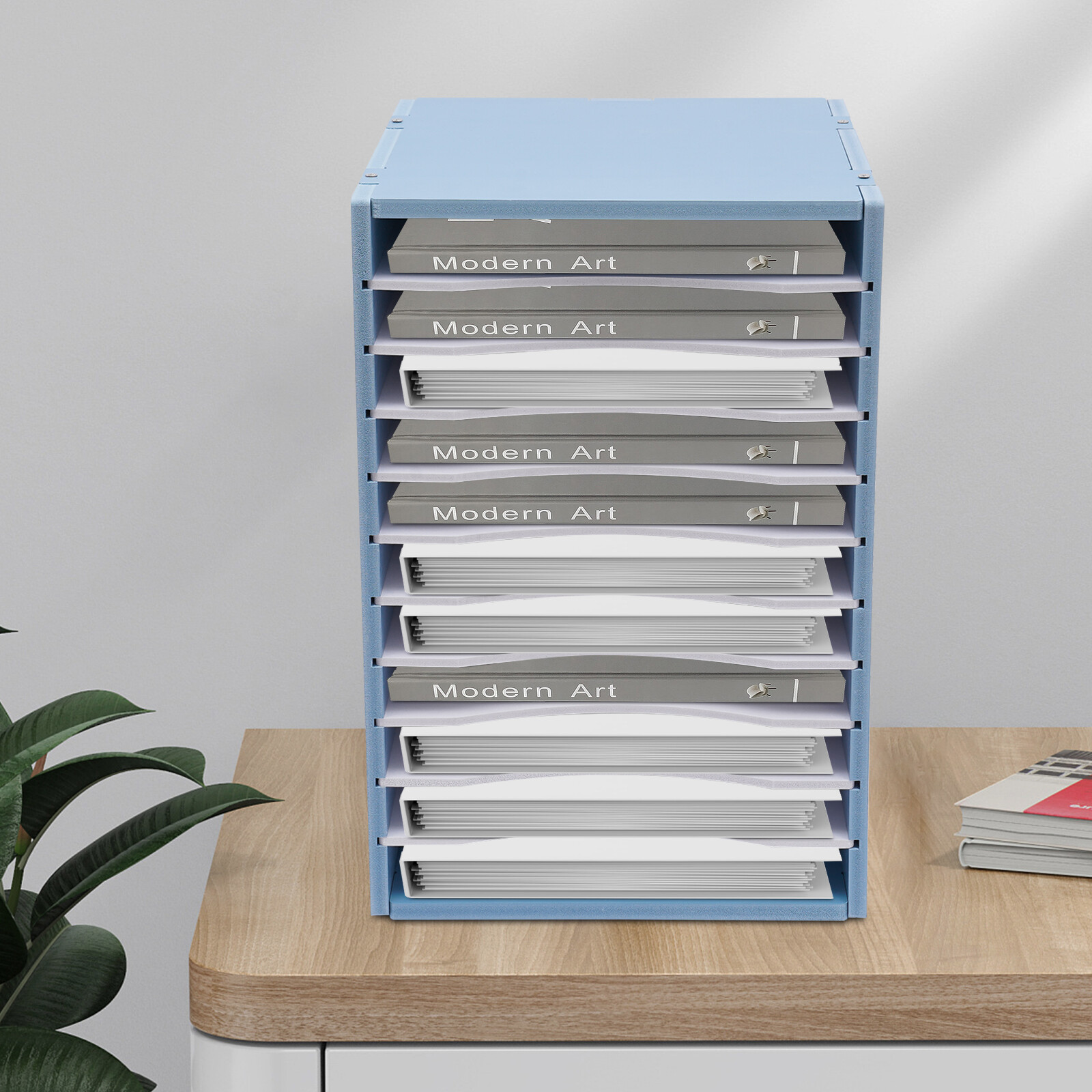 11-Compartment Vertical Desktop Sorter in Blue – Durable File Organizer