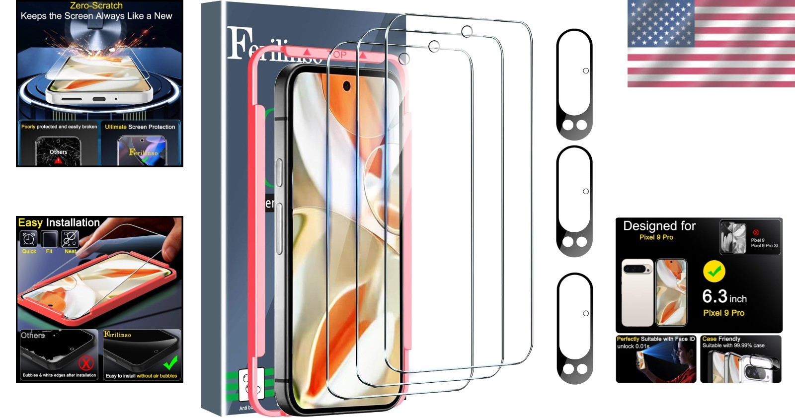 Luxury 3 Pack Screen Protector & Camera Lens Protector for Pixel 9 Pro Owners