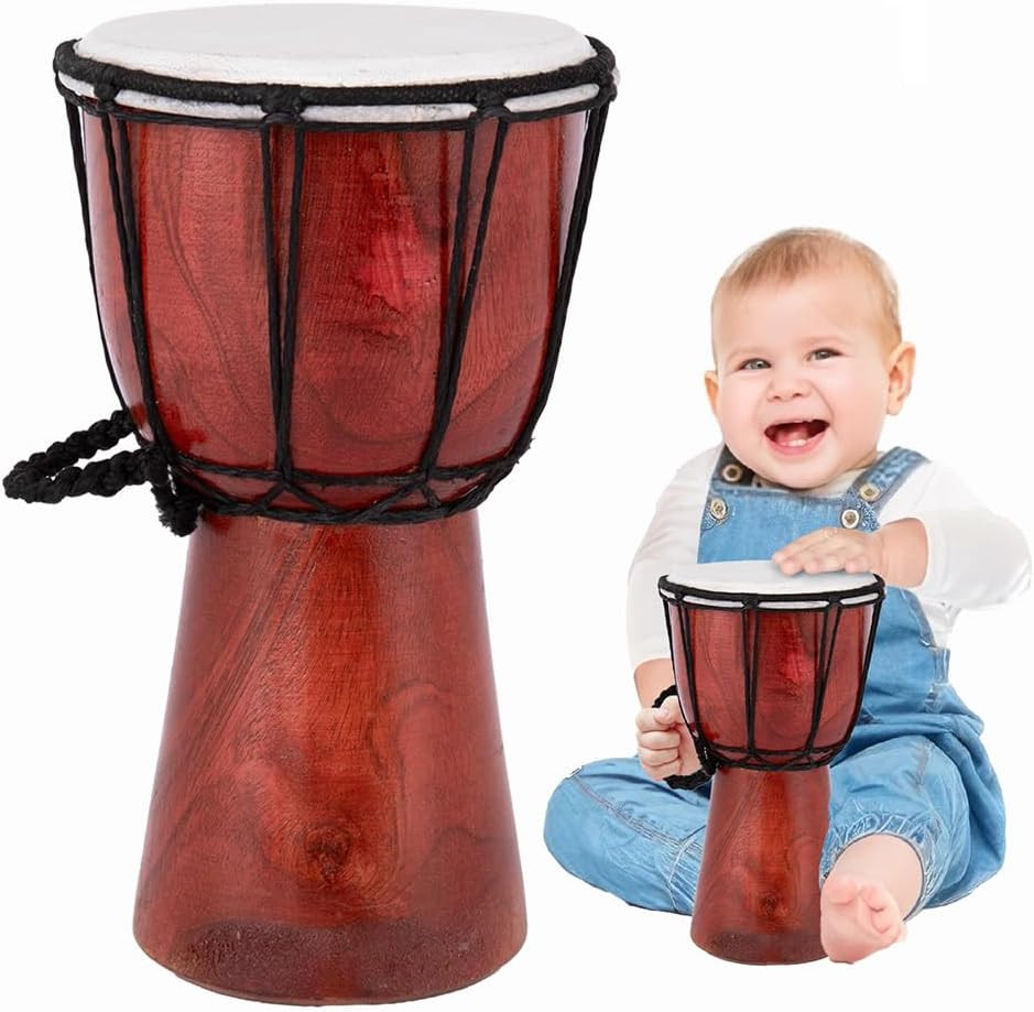 8 Inch Mini Wooden Toy Drum for Kids - Rustic Brown Wood Djembe - Fun Musical In