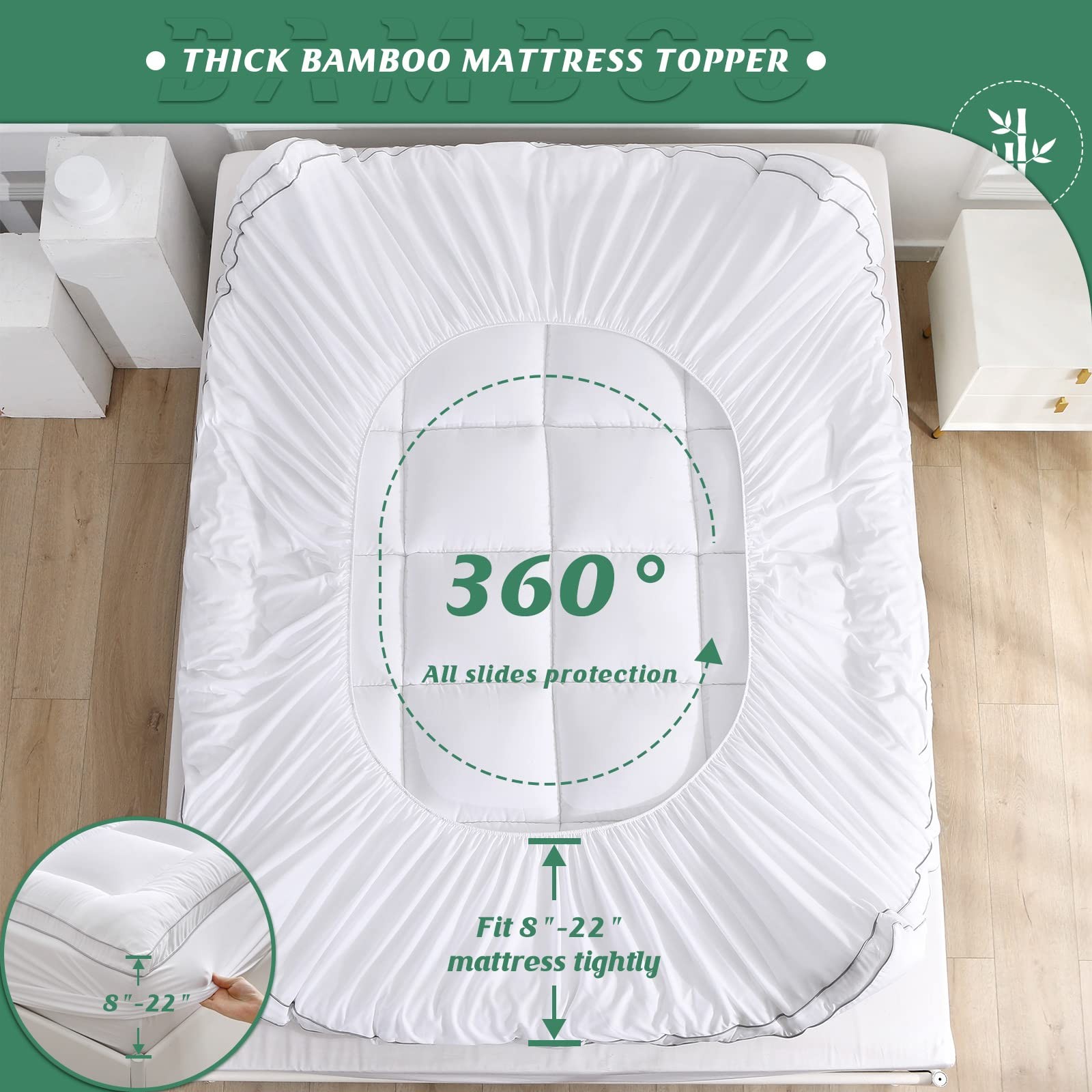GRT Pillowtop Mattress Topper Queen Size, Rayon from Bamboo Queen, White