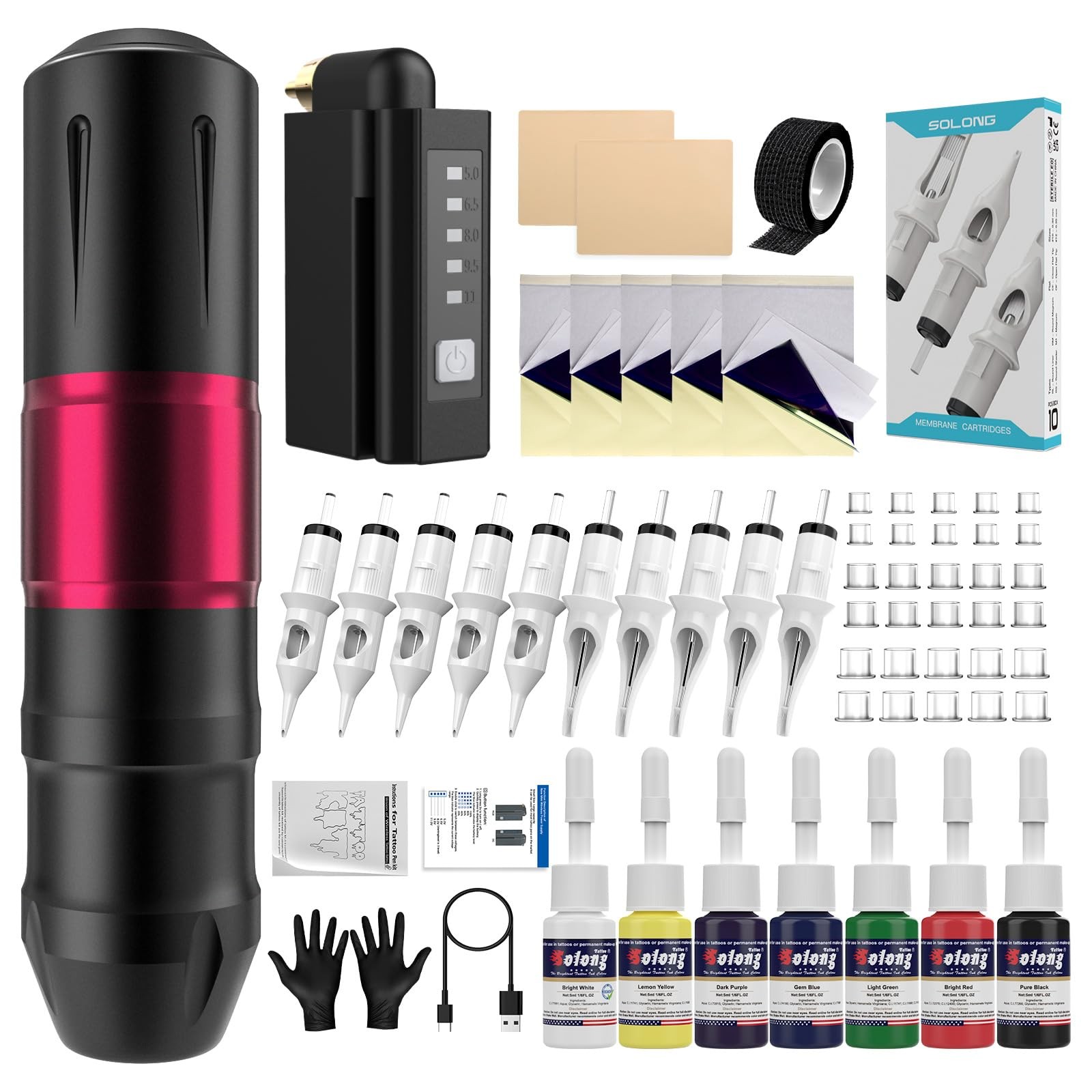 EFFEER Professional Tattoo Kit - 1600mAh Wireless Pen Machine, 10 Multicolor