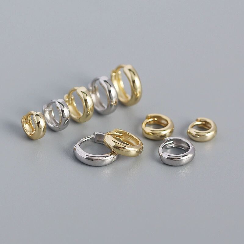 5-9mm Real s925 Sterling Silver Solid Classic Thick Hoop Huggie Earring Stud