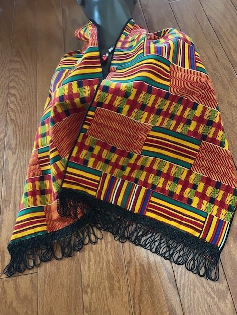 African Made Kente Scarf/Table Runner w/Black Fringes.12"X 45" GHANA W. AFRICA.