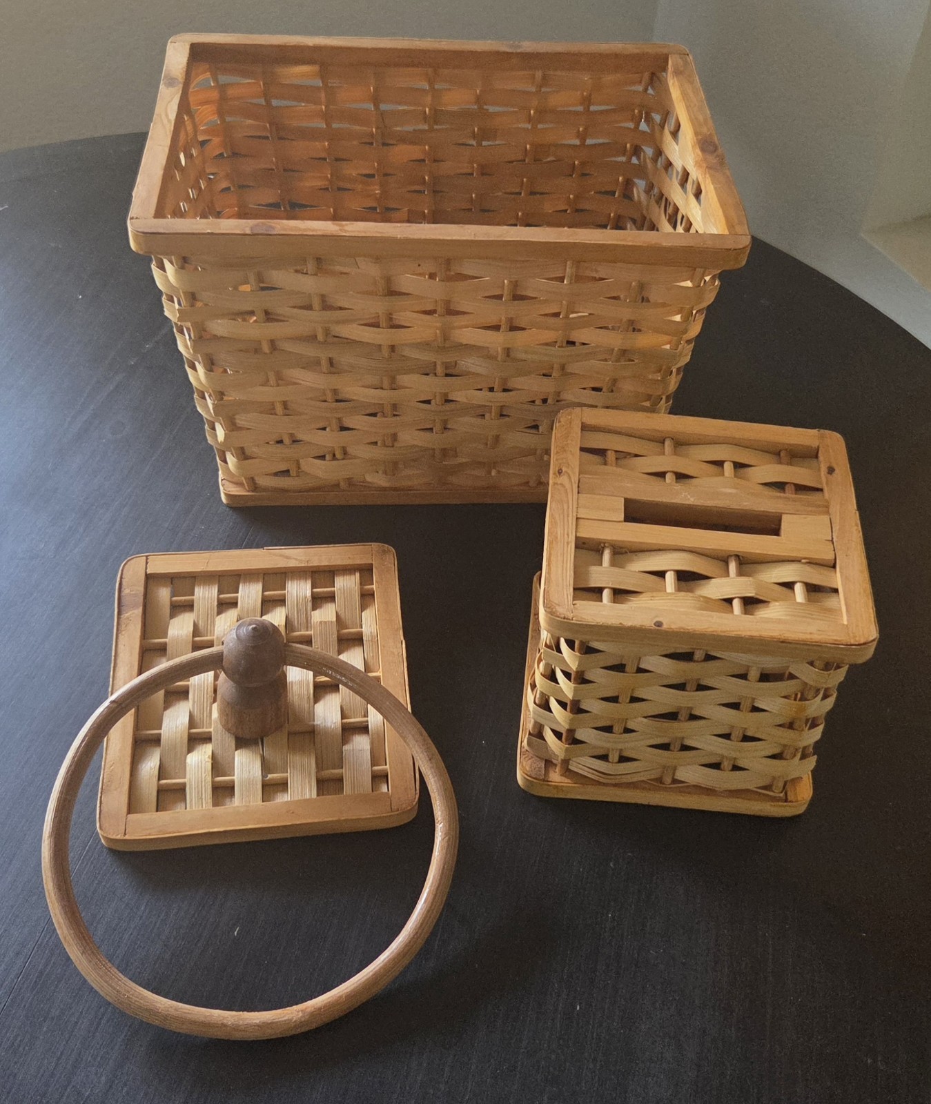 3 Piece Wicker Rattan Boho Bathroom Set Basket Tissue Towel Holder Cottage Core