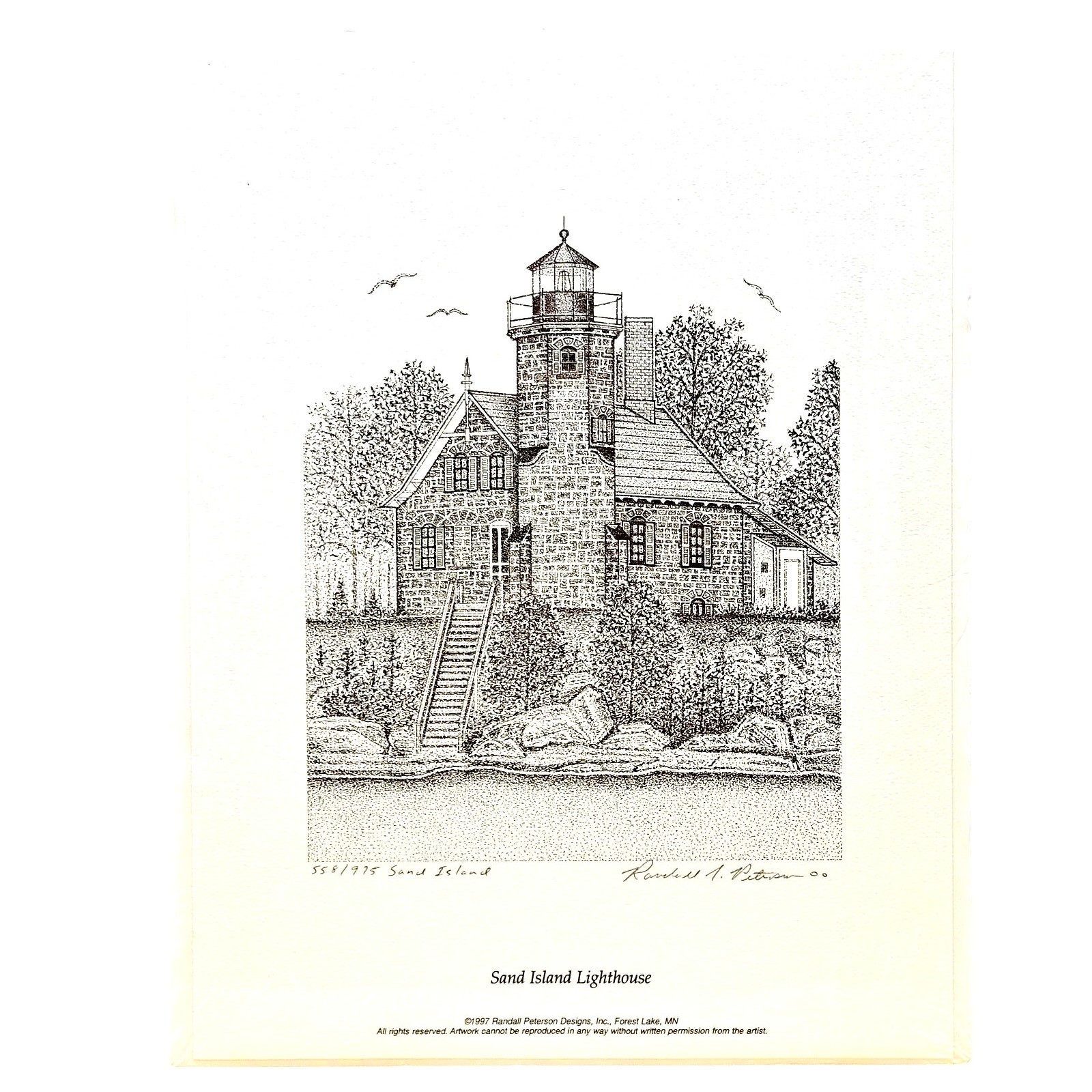 Vintage Sand Island Lighthouse Randall J Peterson Signed Cert. of Authenticity