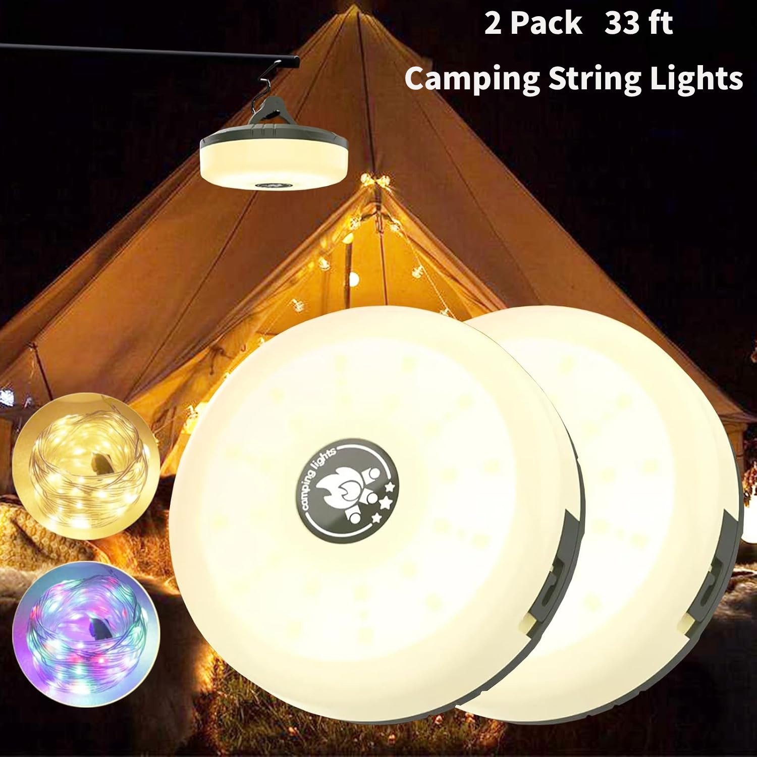 2 Pack 33ft Rechargeable Portable LED Camping String Lights Tent Fairy Lights