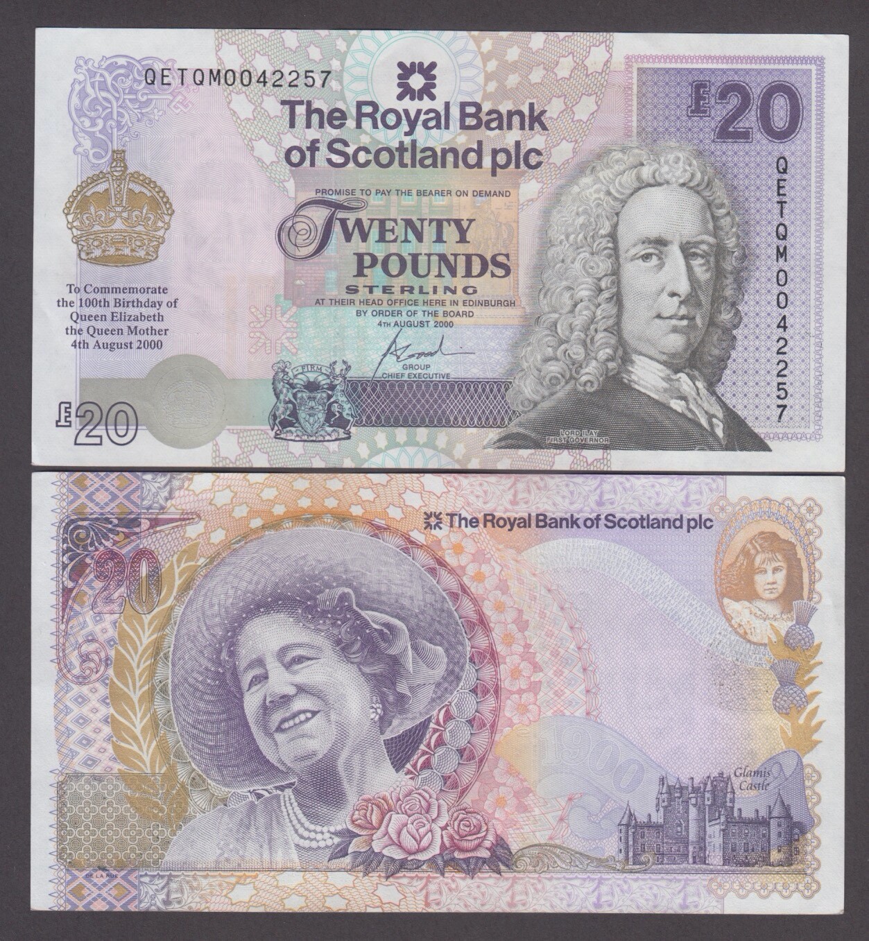 SCOTLAND RB P361 20 POUNDS 4.8.2000 QE MOTHERS 100TH B.DAY QE II CRISP EF-AU YYY