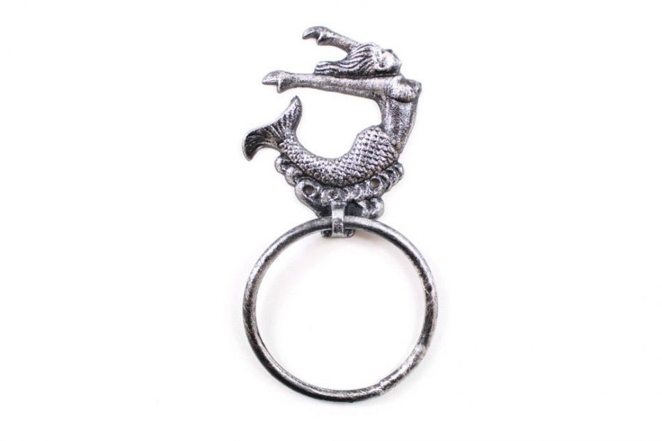 [Pack Of 2] Rustic Silver Cast Iron Arching Mermaid Towel Holder 9""