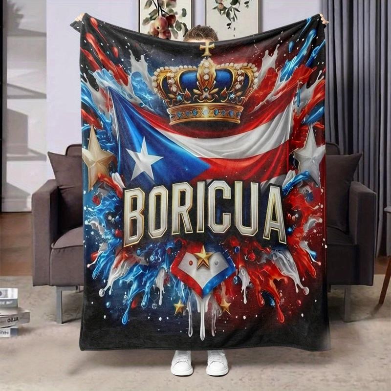 Puerto Rico Pride Flannel Blanket - Vibrant Puerto Rican Flag Design Crown Stars