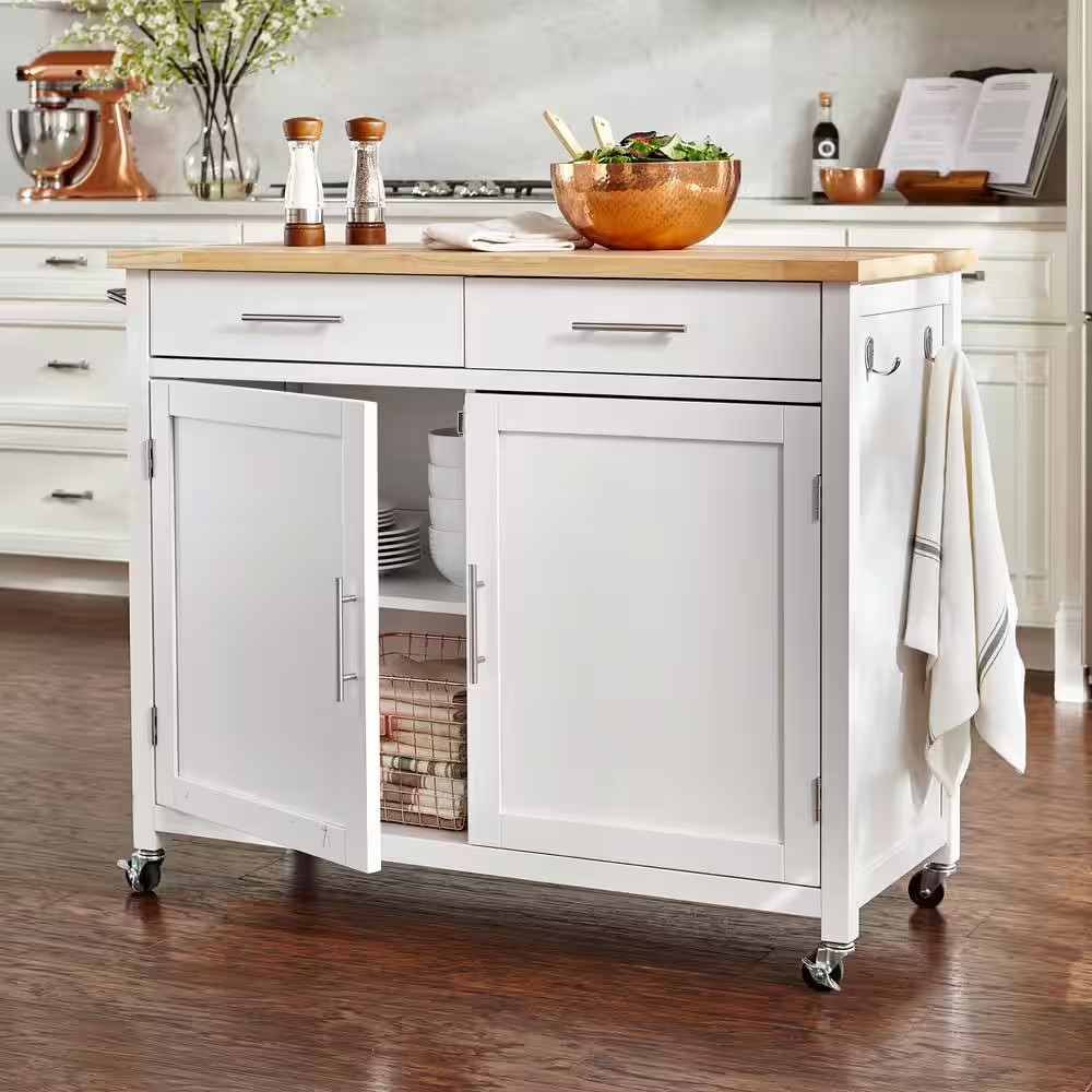 Glenville Cream White Rolling Kitchen Cart with Butcher Block Top and Double-Dra
