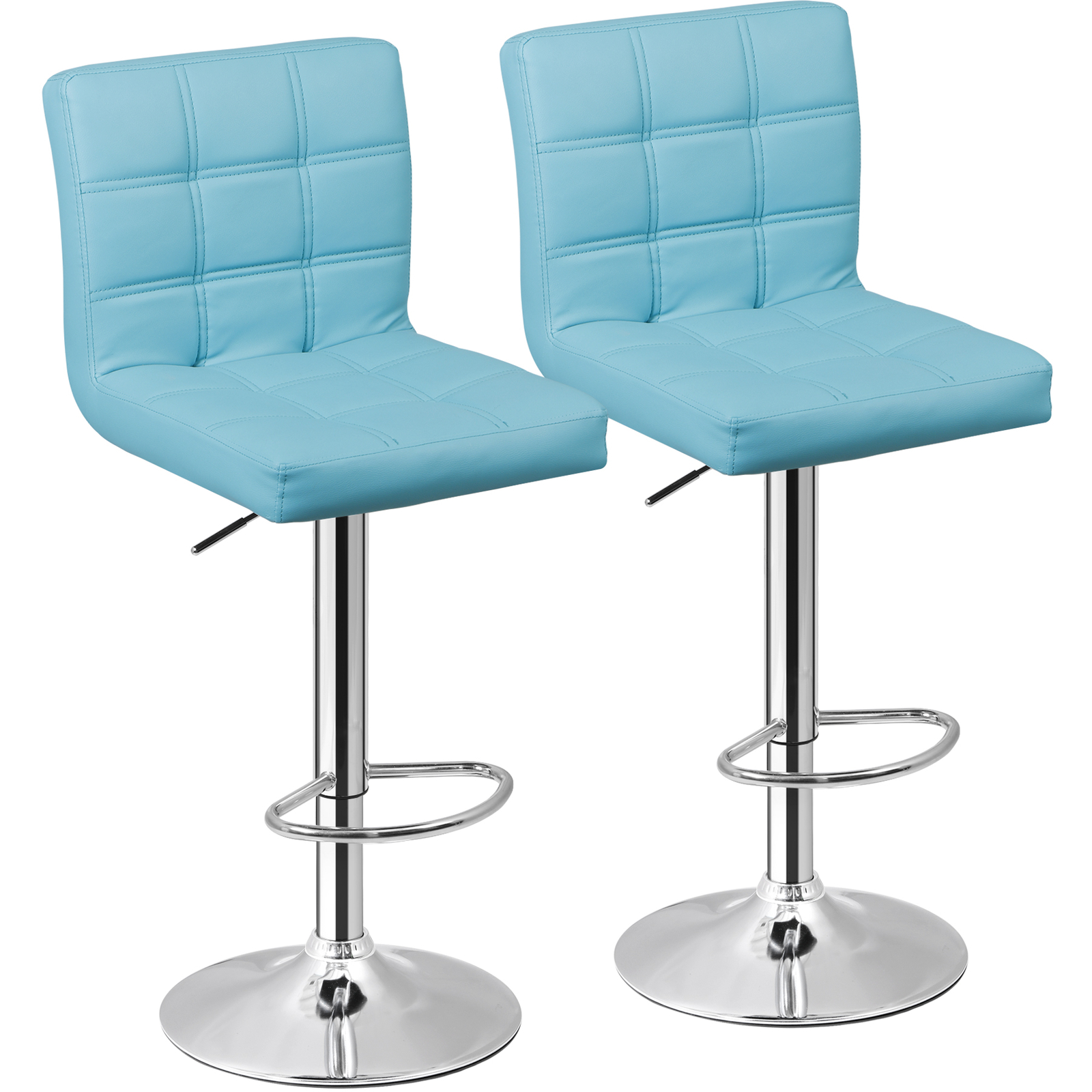 2PCS Bar Stools Blue PU Leather Height Adjustable Swivel Barstools Armless
