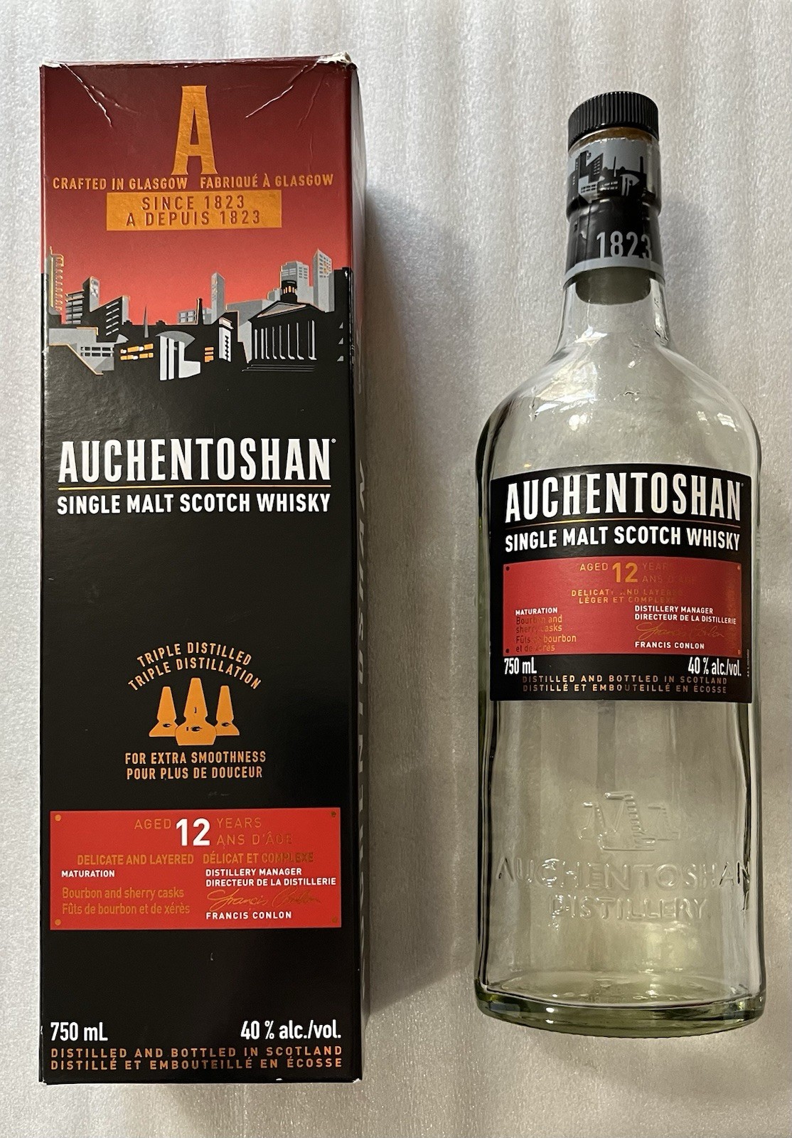 Auchentoshan 12 yr Single Malt Scotch Whiskey Empty Glass Bottle w Storage Box