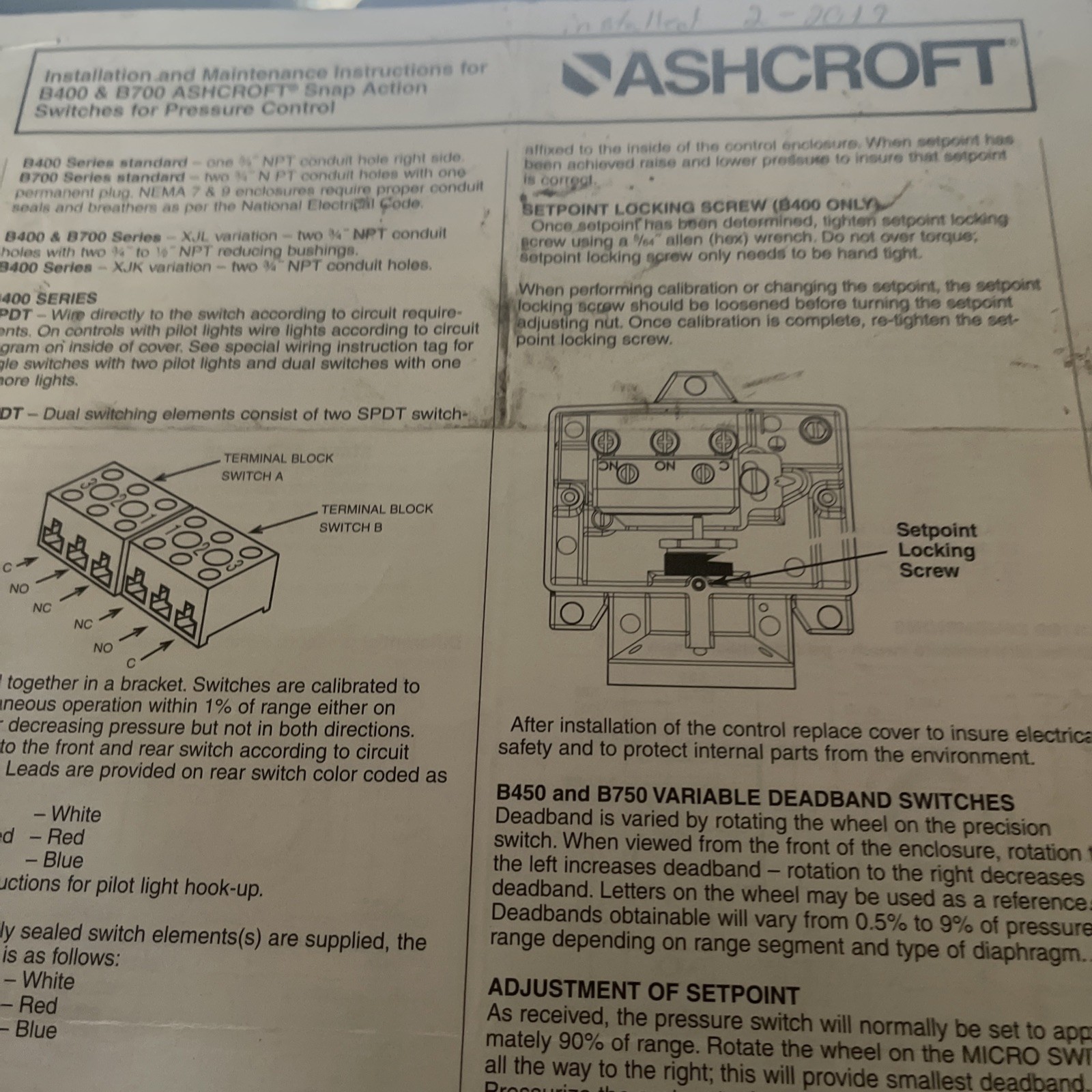 Ashcroft Installation Maintenance Manual  B400 B700 Snap Action Pressure Control