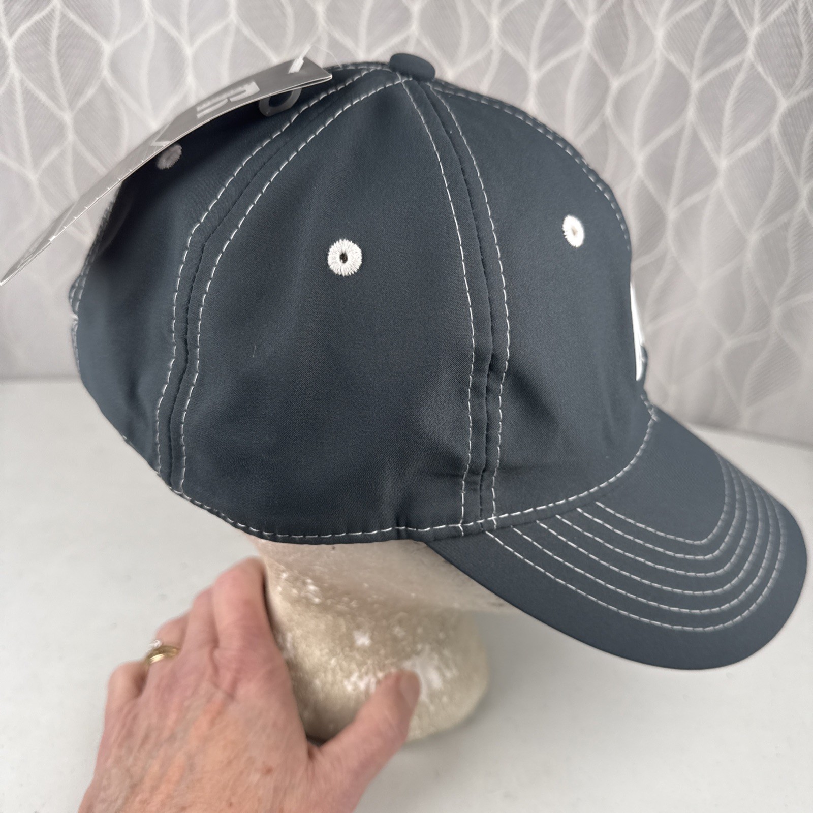 Russell R White Shiny on Gray Blue Hat Cap S/M Hook Loop NWT